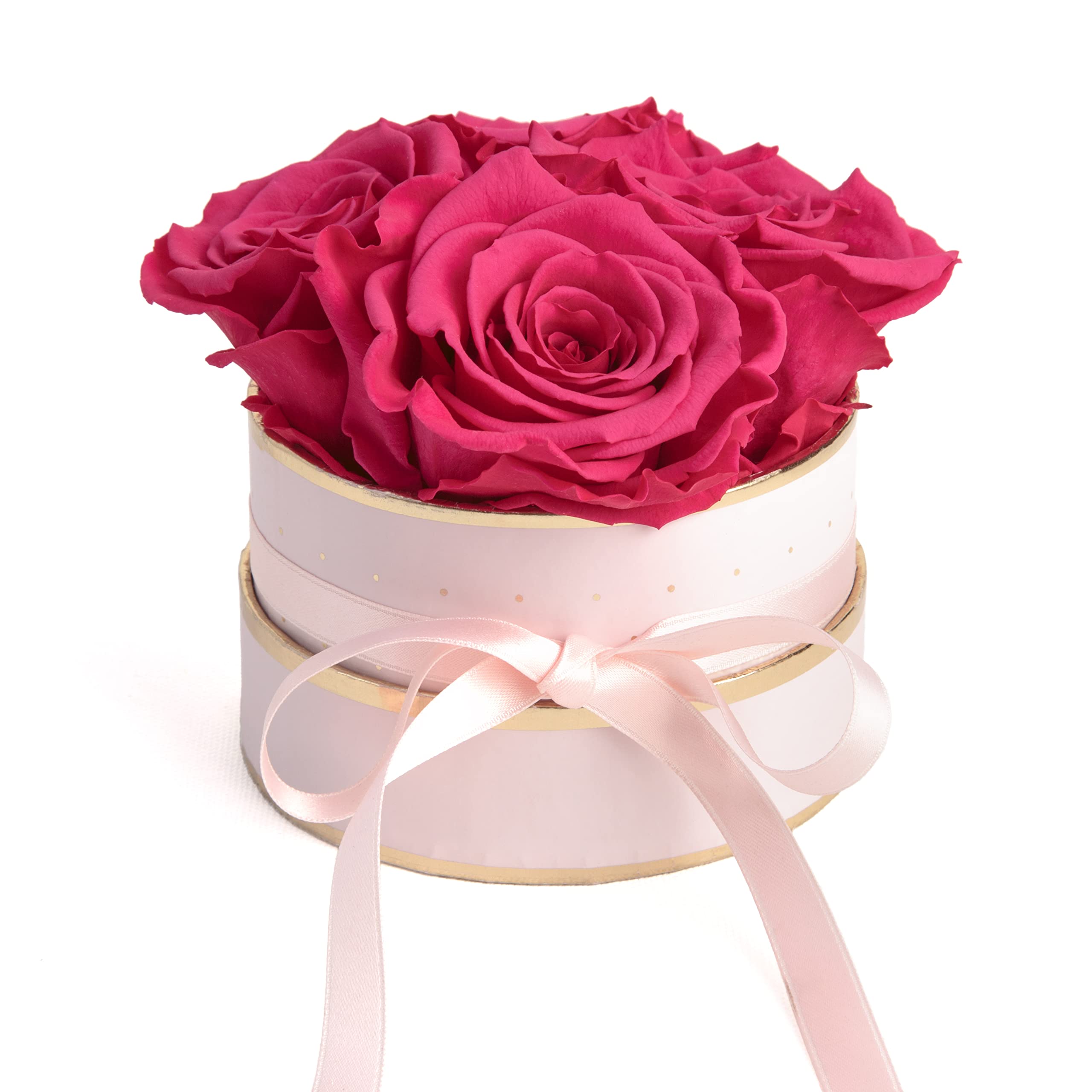Rosenbox rund Infinity Rosen Pink - Blumenbox in Rosa mit 4 mal ewige Rose haltbar 3 Jahre - Freundinnen Geschenkideen und Geschenke für Freundinnen (Rosa-Pink)