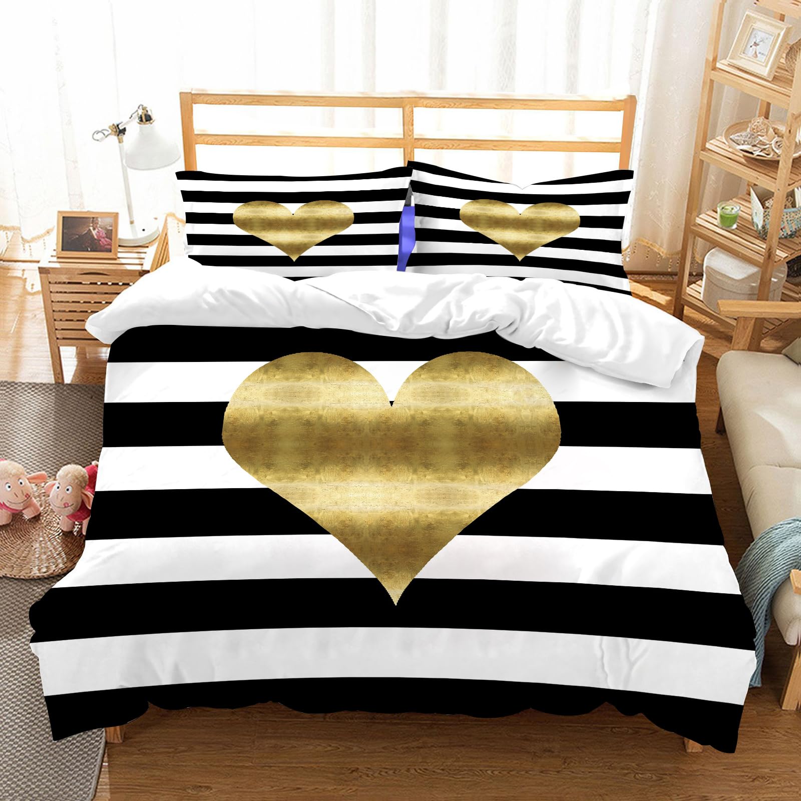 Ensemble de literie 100% microfibres 178x208cm avec motif coeur doré et 2 taies