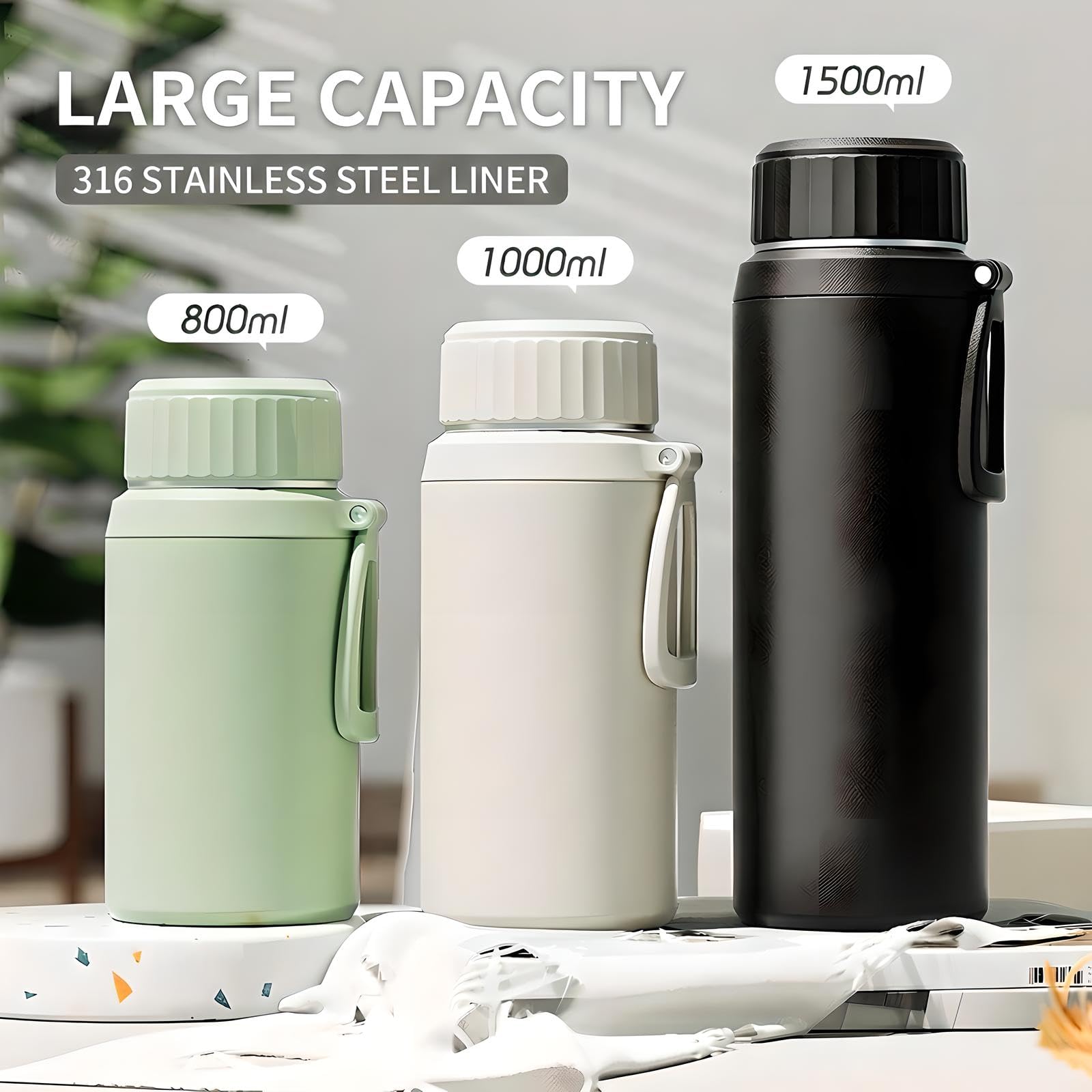 Botella de agua de acero inoxidable 316 de 1 L/1,5 L, termo aislado al vacío con infusor de té desmontable, sin BPA, taza de viaje a prueba de fugas, mantiene el calor y el frío durante más
