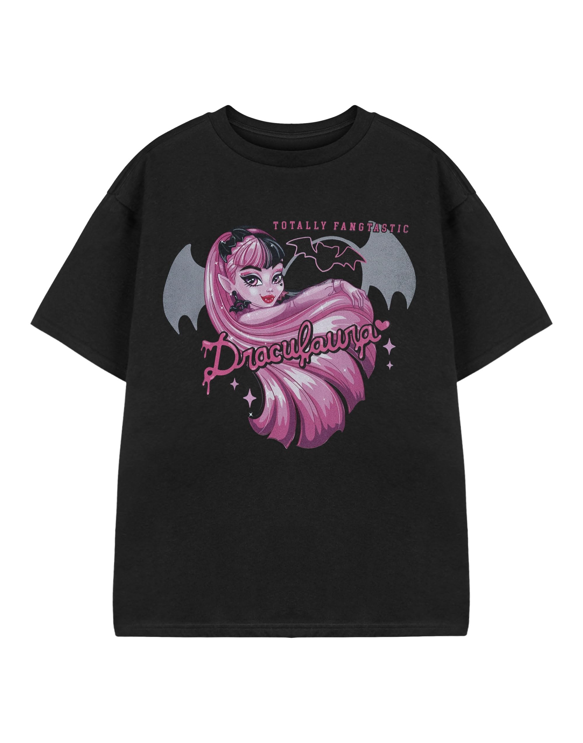 Monster High Girls Draculaura Black Short Sleeve Graphic Tee | Totally Fang Cartoon T-Shirt | Casual Wear Top For Kids | Classic Style Mh Apparel Merch - 13-14 Years
