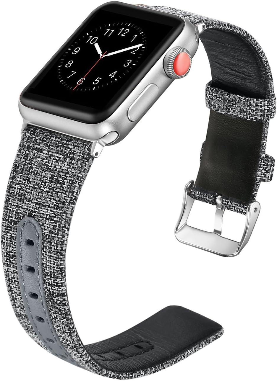 Secbolt Woven Band Compatible with Apple Watch Band 38mm 40mm iWatch Series 5 4 3 2 1, Canvas Fabric Strap with Genuine Leather Women Men