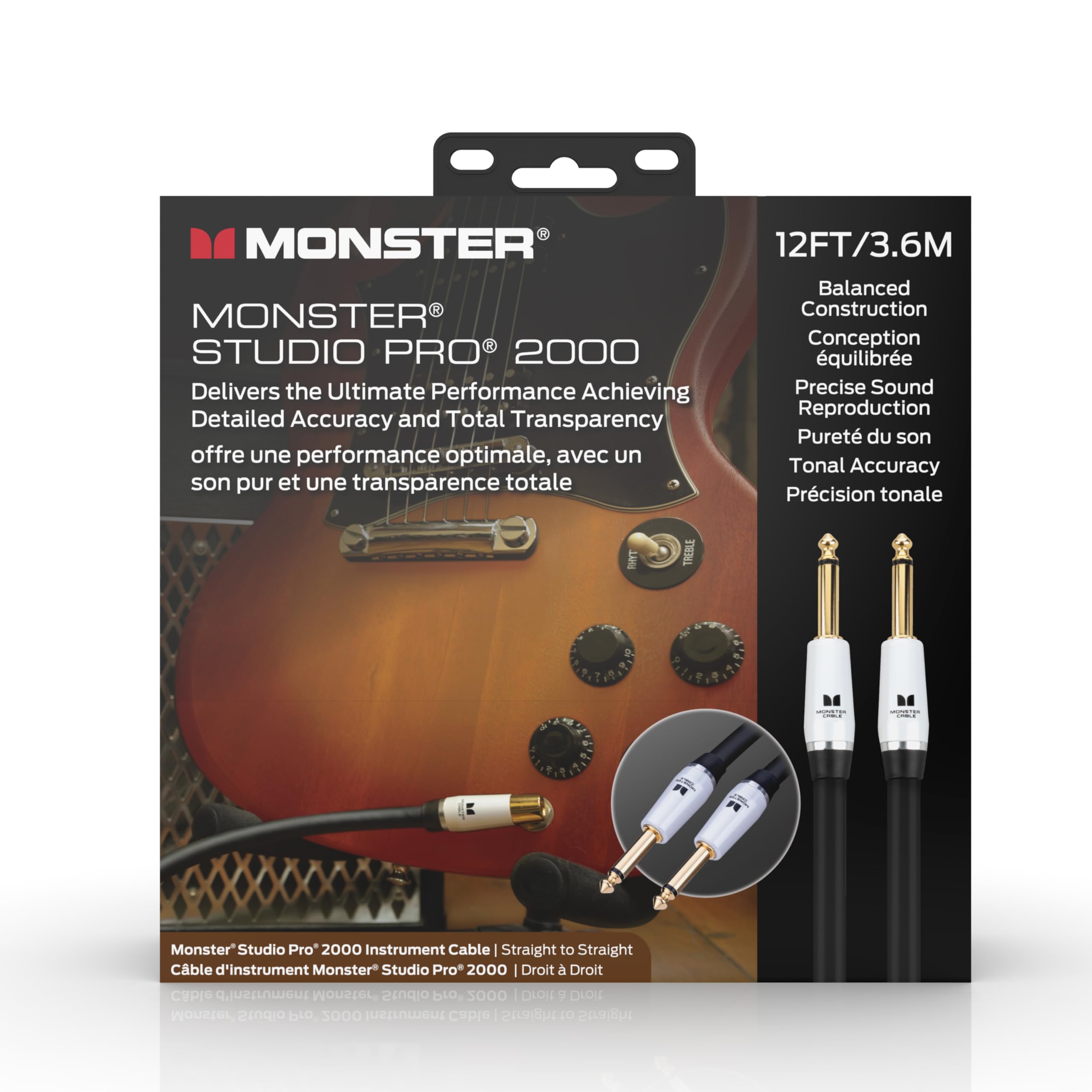 Monster Prolink Studio Pro 2000 - Cavo per strumenti da 3,7 m dritto a dritto, corda per chitarra elettrica intrecciata in rame 95%, rivestimento protettivo Duraflex con contatti in oro 24k