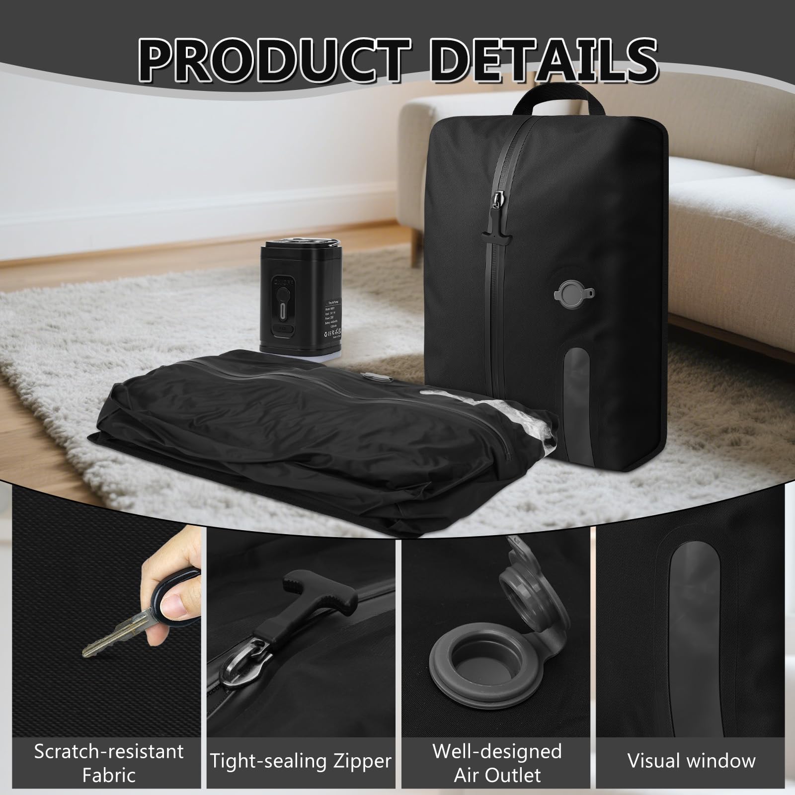 WingFly Bolsa al vacío para ropa de viaje con bomba inalámbrica, IP67 bolsa de compresión reutilizable para maleta y mochila, ahorra espacio, ligera y duradera (negro, 2 piezas + bomba)