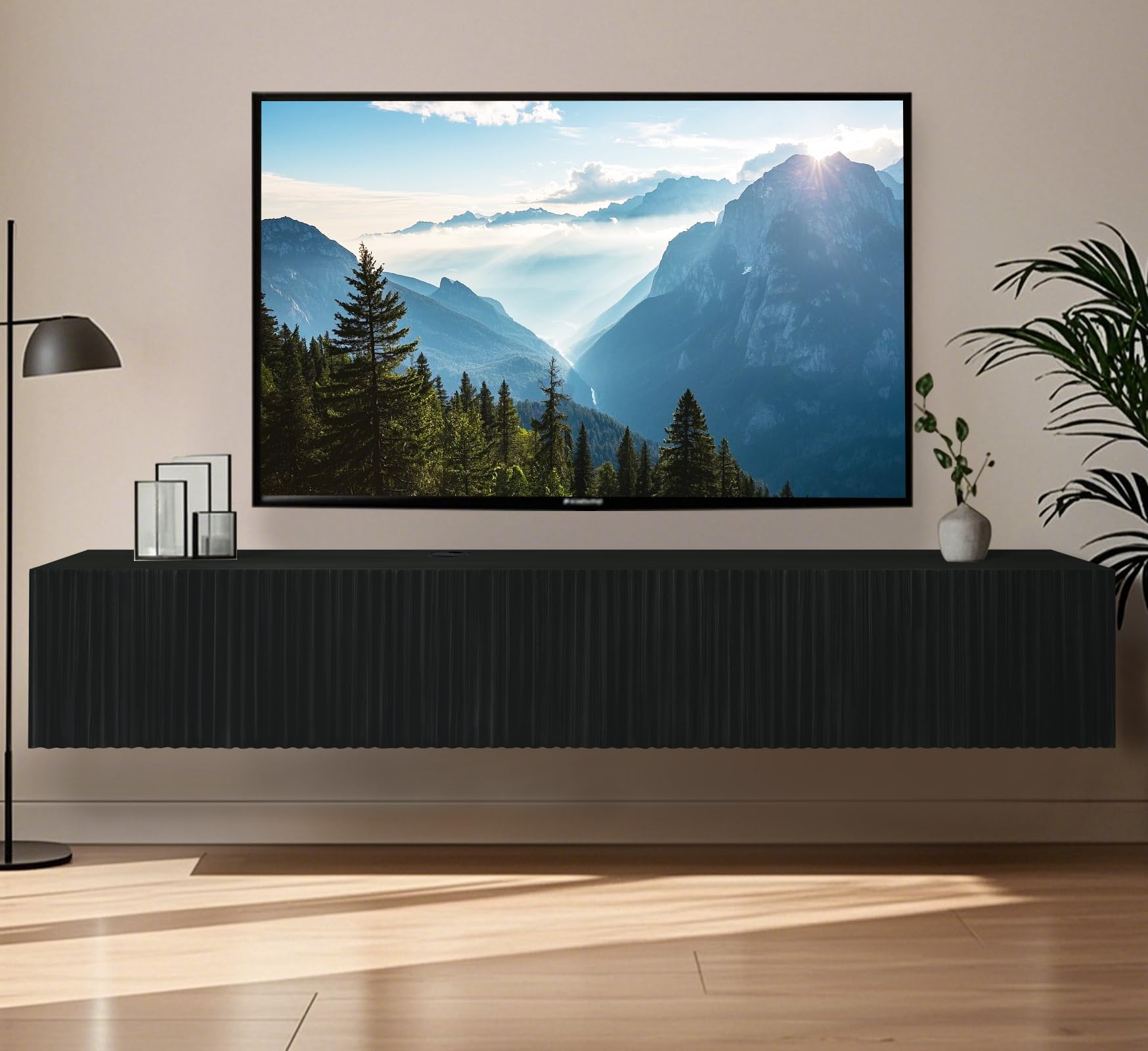 TABOJS Soporte Flotante para TV, Centro de Entretenimiento de Montaje en Pared de 70,7 Pulgadas con Puertas estriadas, Elegante Consola Multimedia y gabinete de Almacenamiento para Sala de Estar,