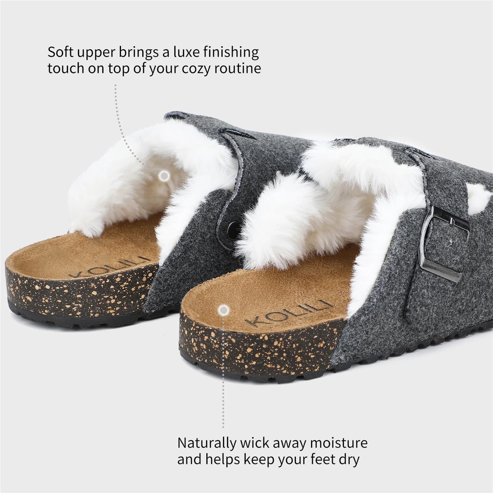 Zuecos de Corcho for Mujer, Pantuflas cálidas peludas for Interior y Exterior, Mules y Zuecos cómodos con Fieltro con Hebilla(GREYCORK,10-11)