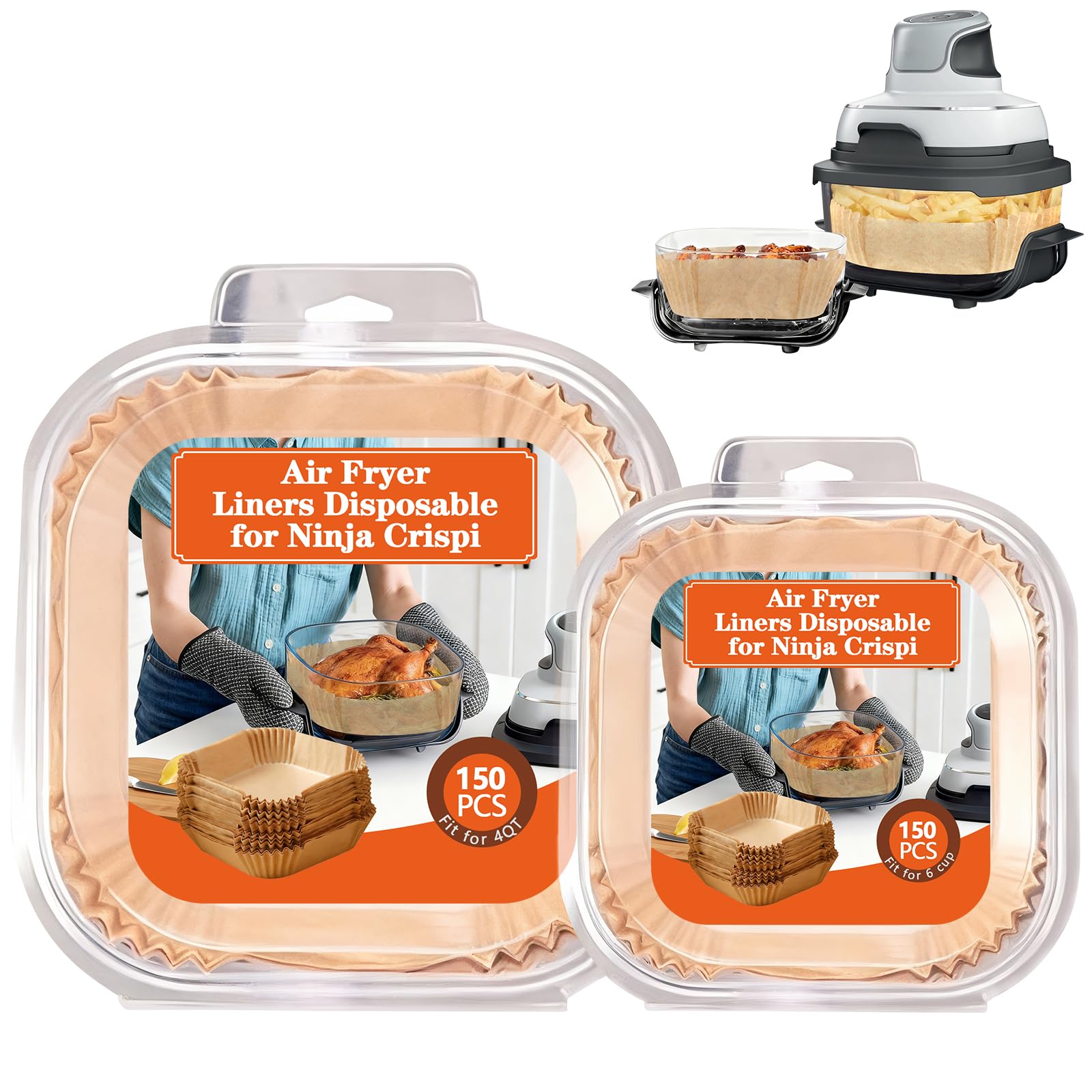 UBeesize Parchment Liners for Ninja Crispi Air Fryer, Disposable 300 (150+150) PCS Ninja Crispi Accessories for Ninja Crispi 4-in-1 Portable Glass, Non-Stick Unbleached Paper Liners