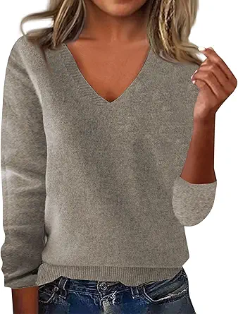 OIOLOYJM Fall Cashmere Sweaters for Women 2025 V Neck Long Sleeve Tops Knitted Pullovers Lightweight Merino Wool Sweater