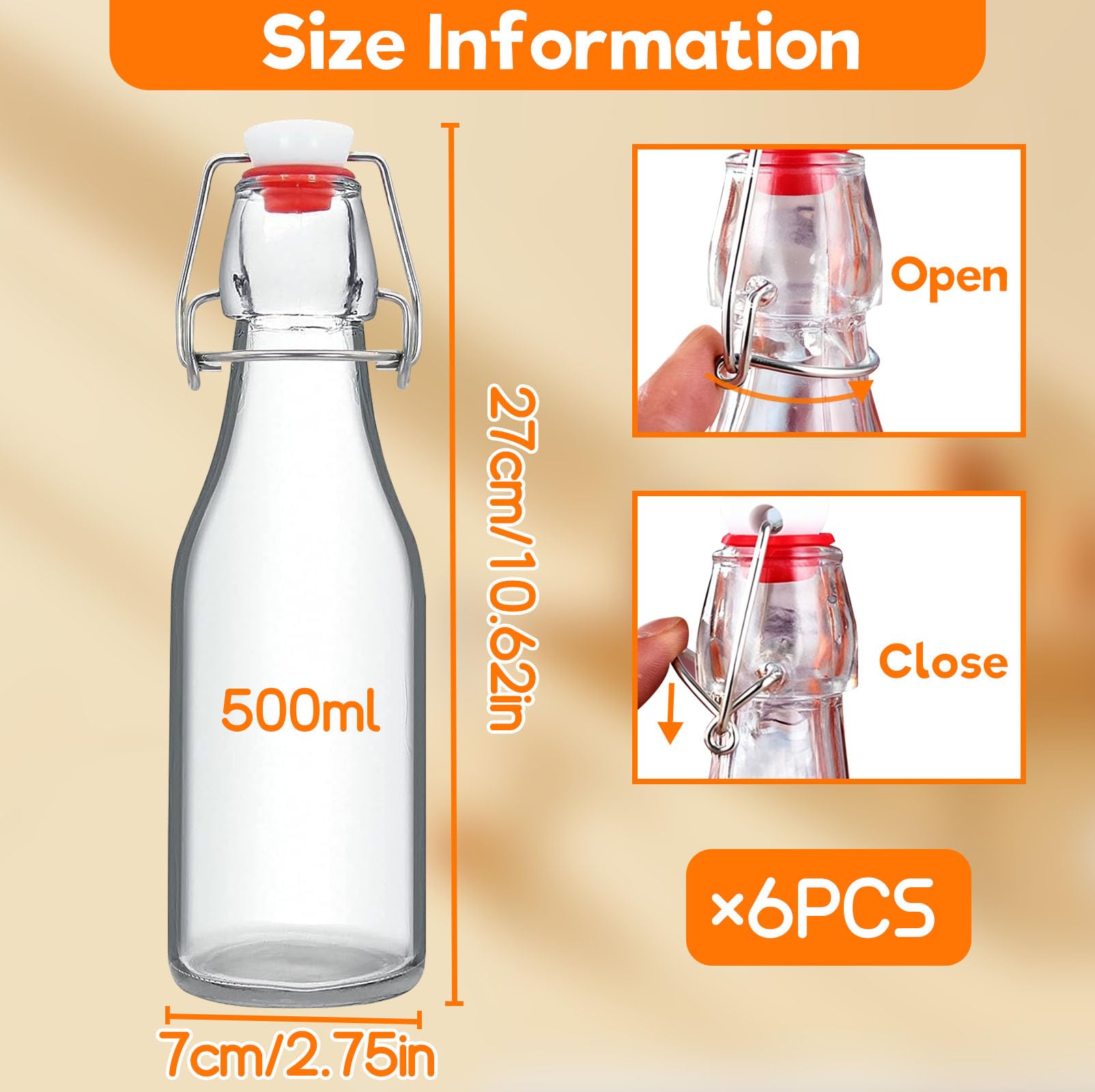 6 Piezas Botella Agua Cristal de 500 ml con Tapón Hermético y Embudo, Botellas de Vidrio Transparente Hermética, Botellitas Bebidas Reutilizables para Jugos, Aceite, Jarabe, Cerveza, Vinagre, Kombucha