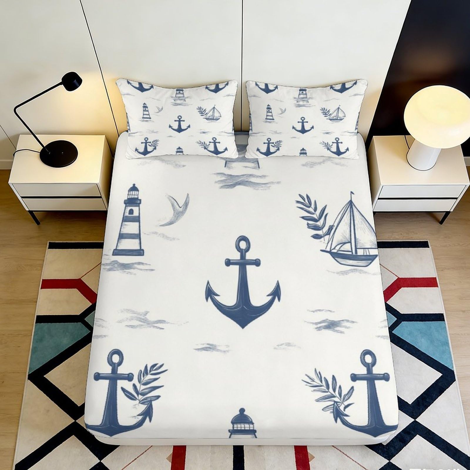 3D Printed Nautical Anchor Fitted Sheet Microfiber Soft Breathable Lighthouse Sailboat Mattress Cover for Bedroom Decor 90x200x25cm