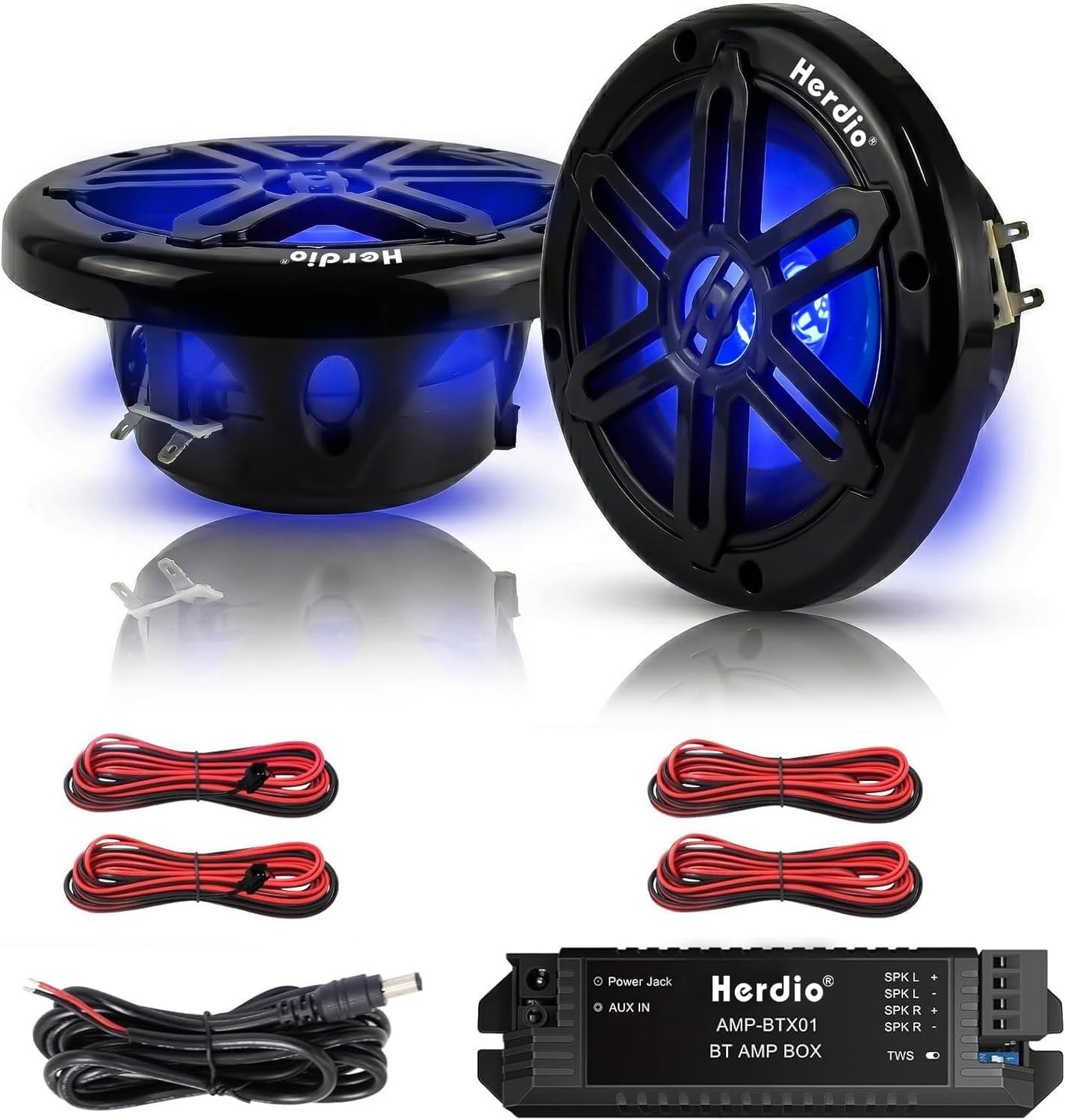 Herdio 8 Inch 450W Bluetooth Marine Speakers with Blue LED Light - 2 Way Waterproof Coaxial Speakers for Boats, ATVs, UTVs (A Pair, Black)