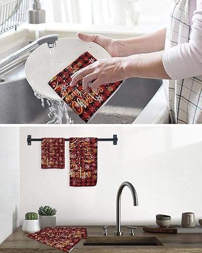 Miniatura 6 de Kitchen Towel 2 Packs Cotton Waffle Weave, Merry Christmas Tree Red Black Buffalo Plaid Snowflake 16 x 24 Inch Absorbent Quick Drying Dish Towels