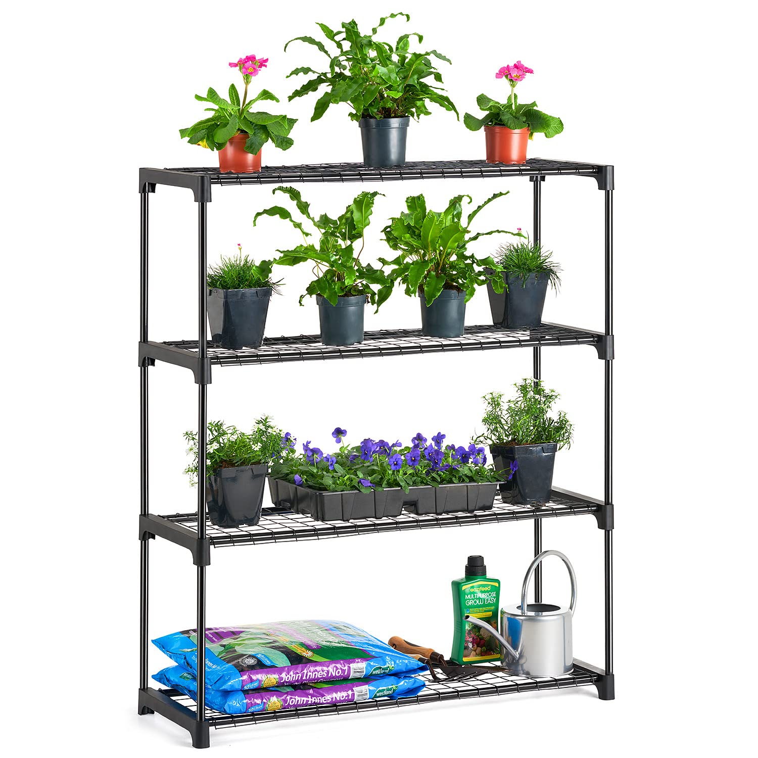 Christow Black Greenhouse Staging 4 Tier Garden Shelving Plant Stand Rack Powder Coated Steel (107.5Cm X 90Cm X 30Cm) Single Pack