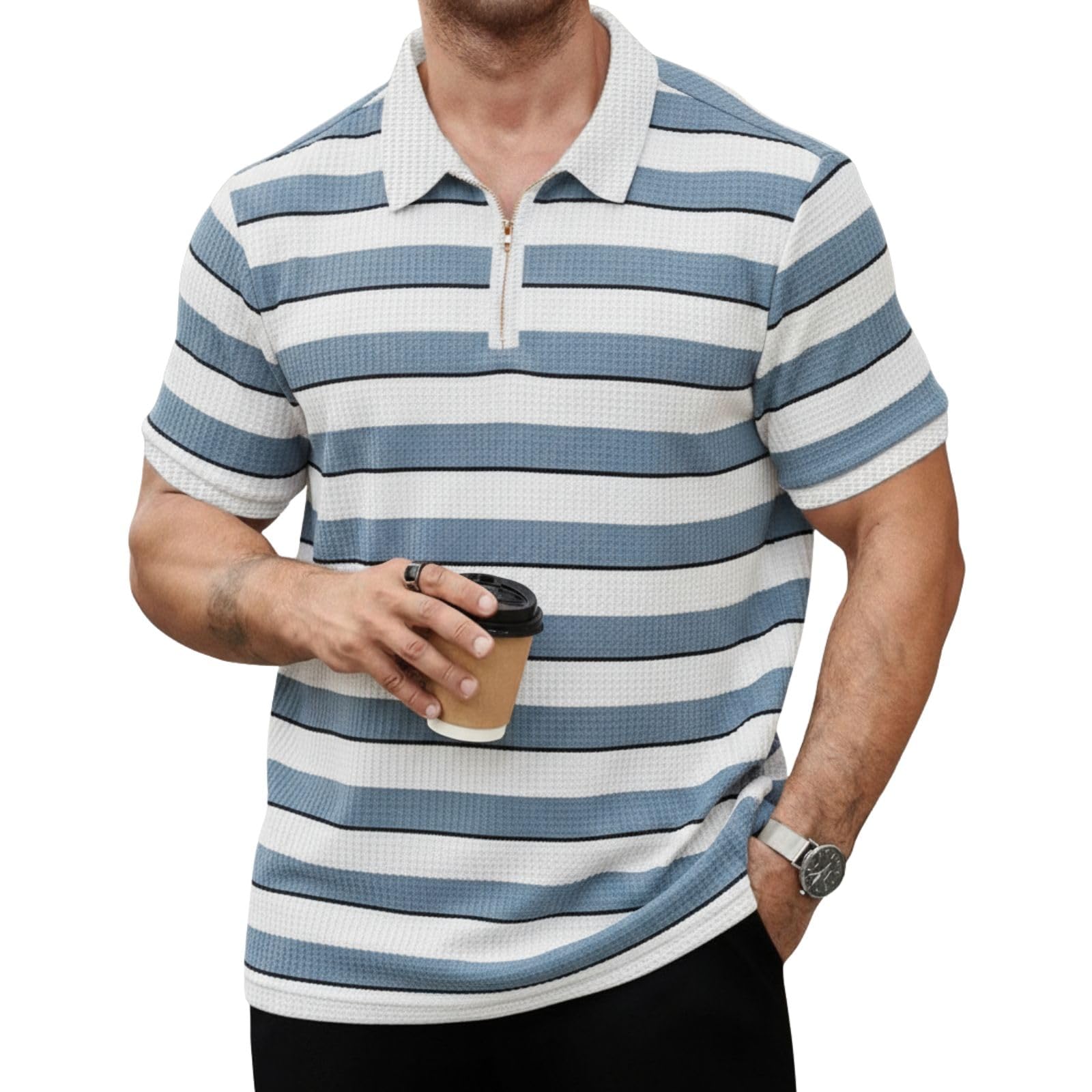 mack jonney Men’s Premium Striped Half-Zip Polo T-Shirt | Soft Textured Knit Fabric | Short Sleeve Casual & Smart Wear Polo-M6876-picture-19
