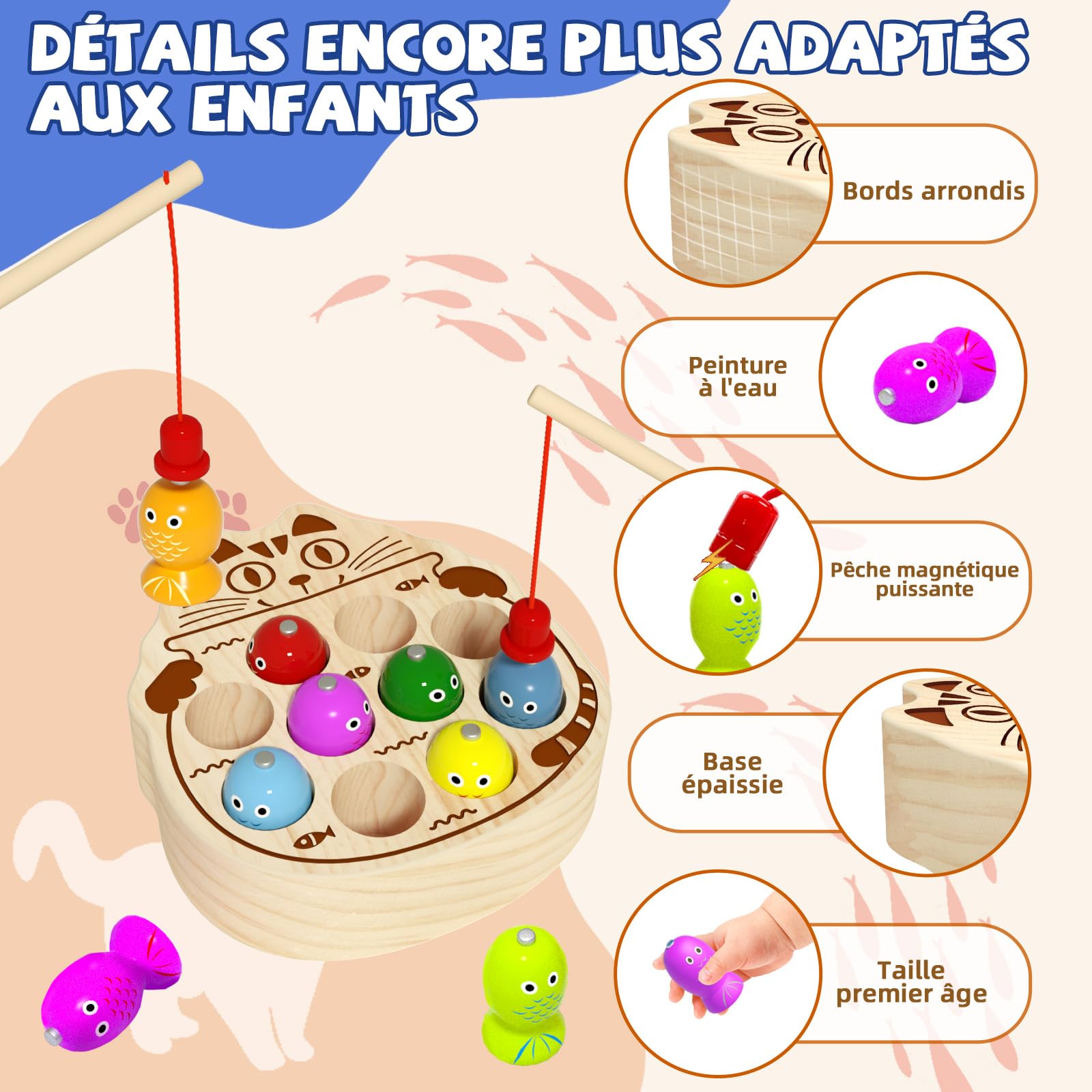Jeu De Pêche Magnétique En Bois – Jouet Montessori Pour Enfants 1-3 Ans, Avec 10 Poissons Et 2 Cannes – Forme De Grenouille