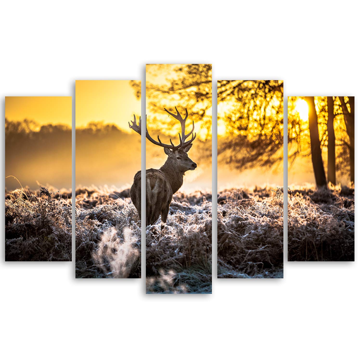 Feeby Bilder Hirsch Wald Nebel XXL 200x100 cm 5 Teilig Wohnzimmer Schlafzimmer Modern Wandbilder Leinwandbilder Bild auf Leinwand Kunstdruck Wanddeko Design Sonnenuntergang Landschaft Natur Orange