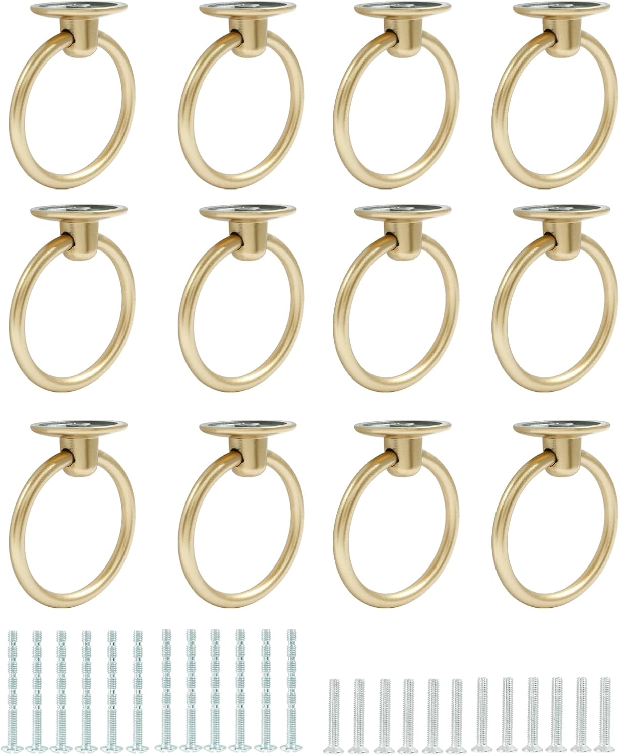 Hordion 12Pcs 1.7 inch Ring Drawer Pulls, Drop Ring Cabinet Pulls, Zinc Alloy Dresser Handles, Single Hole Drawer Knobs with 2 Size Screws (Matte Gold)