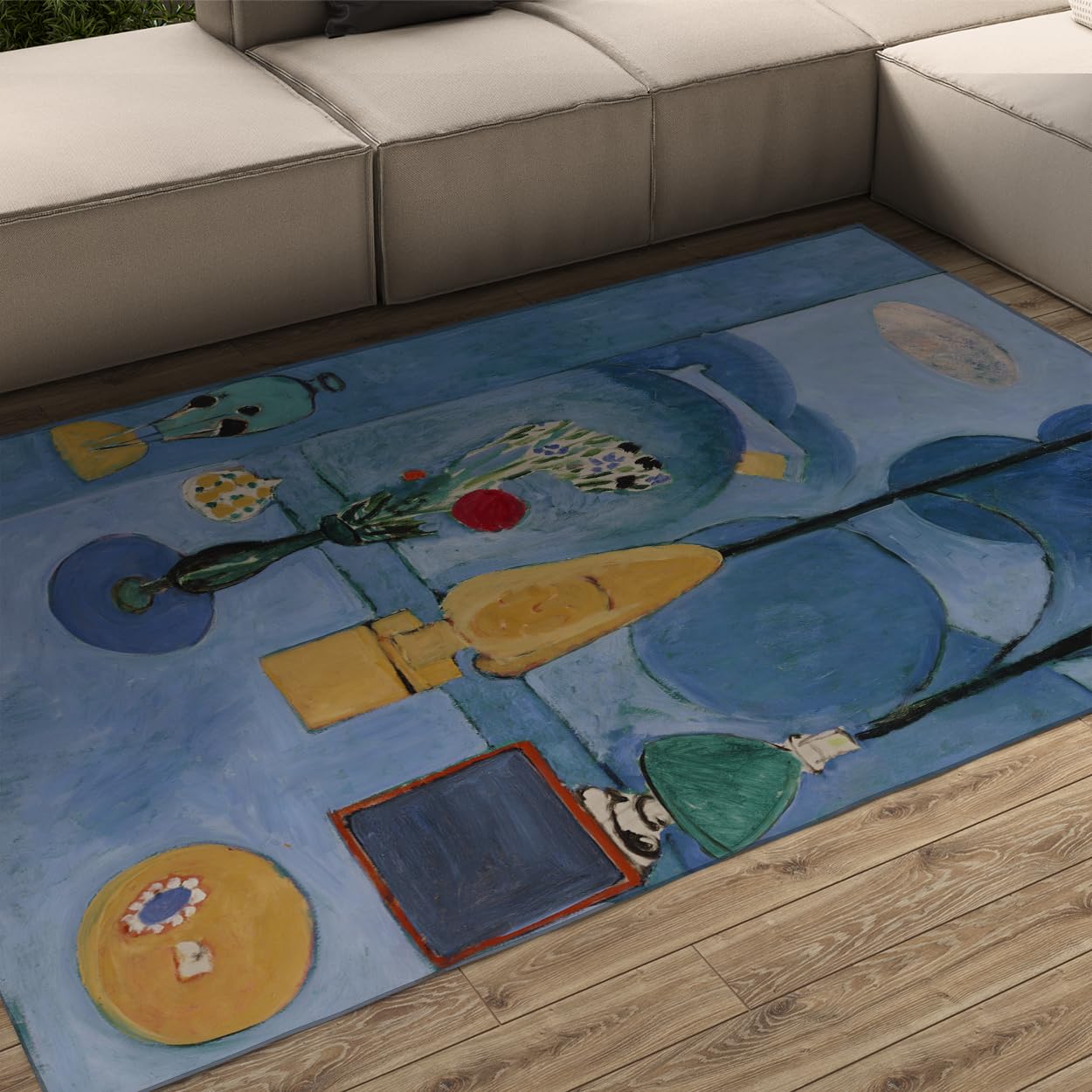 Tapis lavable en machine et antidérapant floral bleu jaune 120x180cm