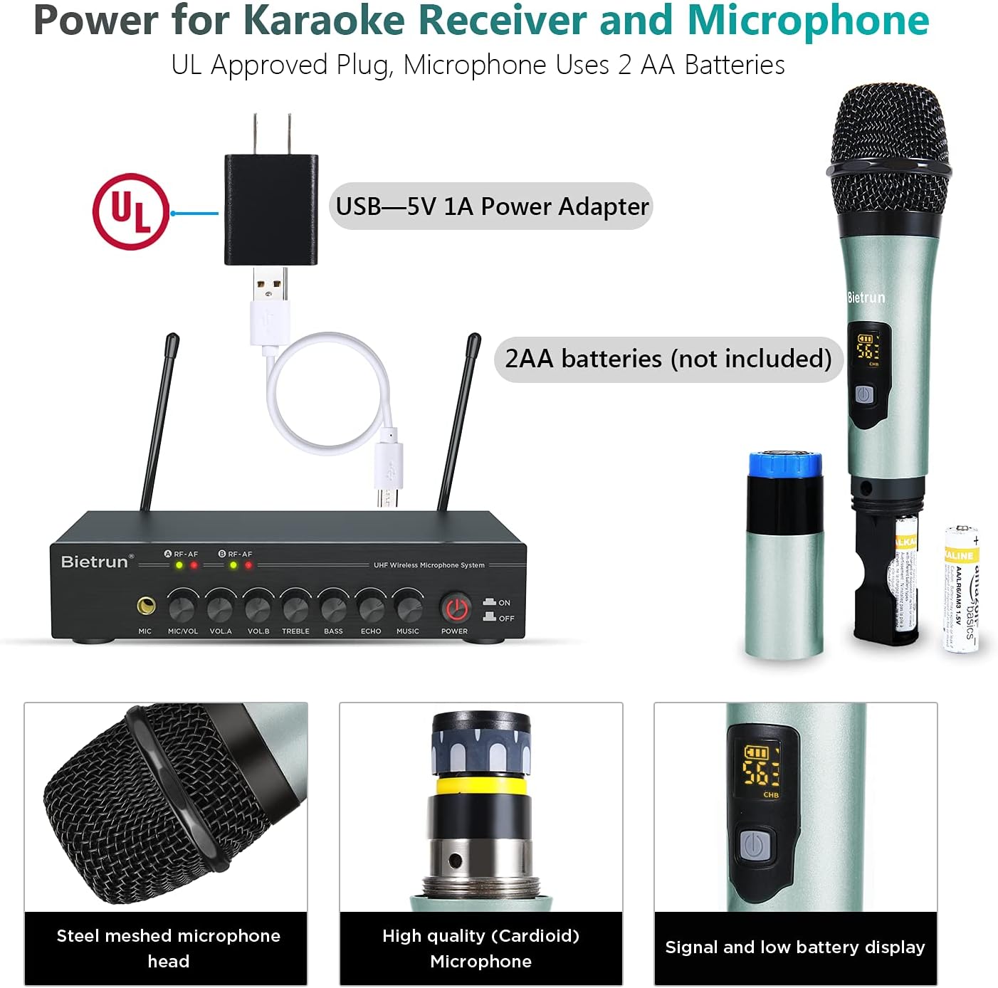 Creative Product Wireless Microphone Karaoke with Echo,160 ft Range,Bietrun UHF Metal Dual Dynamic Handheld Mic System with Bluetooth,1/8''&1/4''Output,for JBL Partybox/Sony SRS Series/Bluetooth Speakers/PA Speakers Exclusive Wireless Microphone Karaoke with Echo,160 ft Range,Bietrun UHF Metal Dual Dynamic Handheld Mic System with Bluetooth,1/8''&1/4''Output,for JBL Partybox/Sony SRS Series/Bluetooth Speakers/PA Speakers