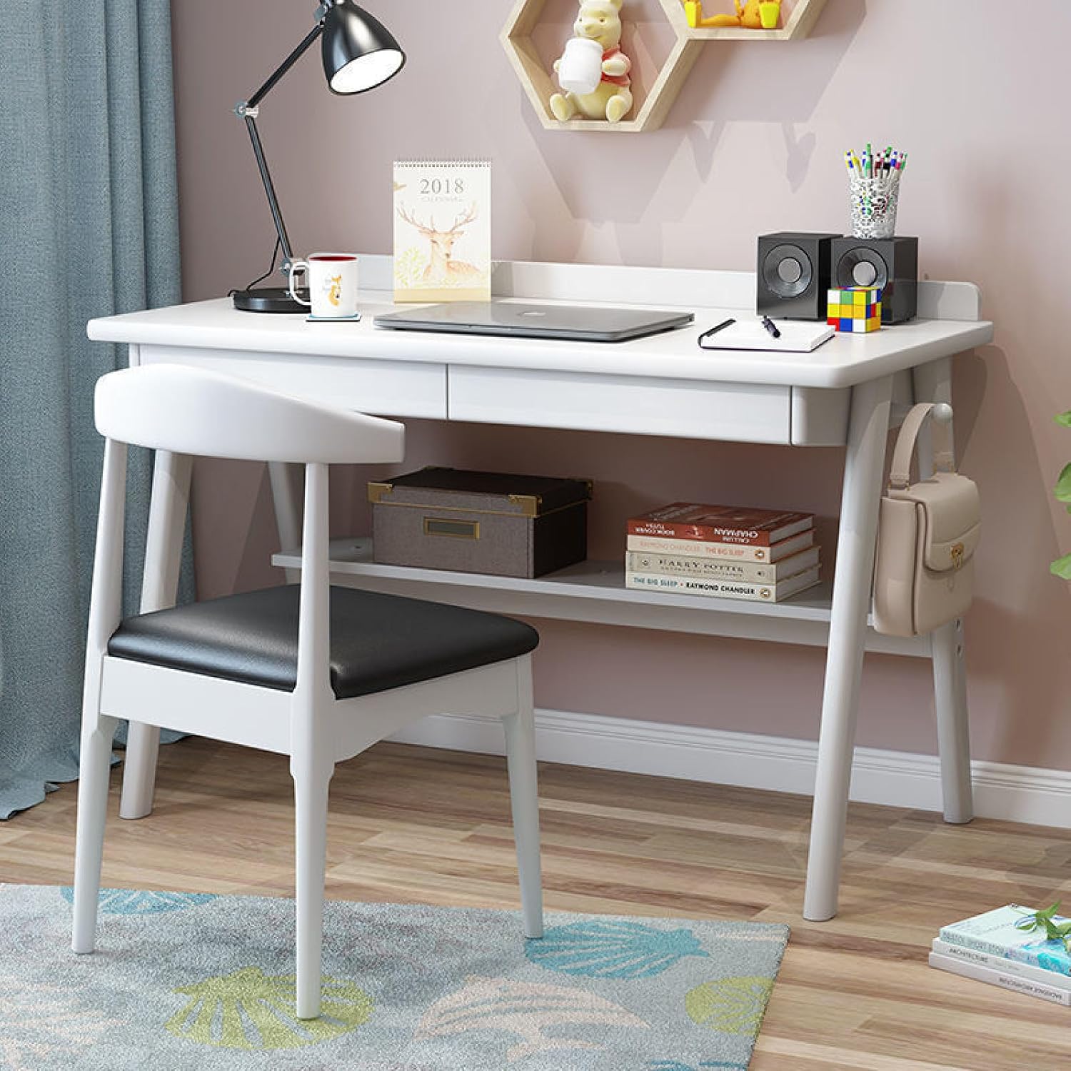 Writing Desk with 2 Drawers and Storage Shelf, Modern Simple Solid Wood Writing Study Desk Workstation Home Office Desk(47Inch, Natural)