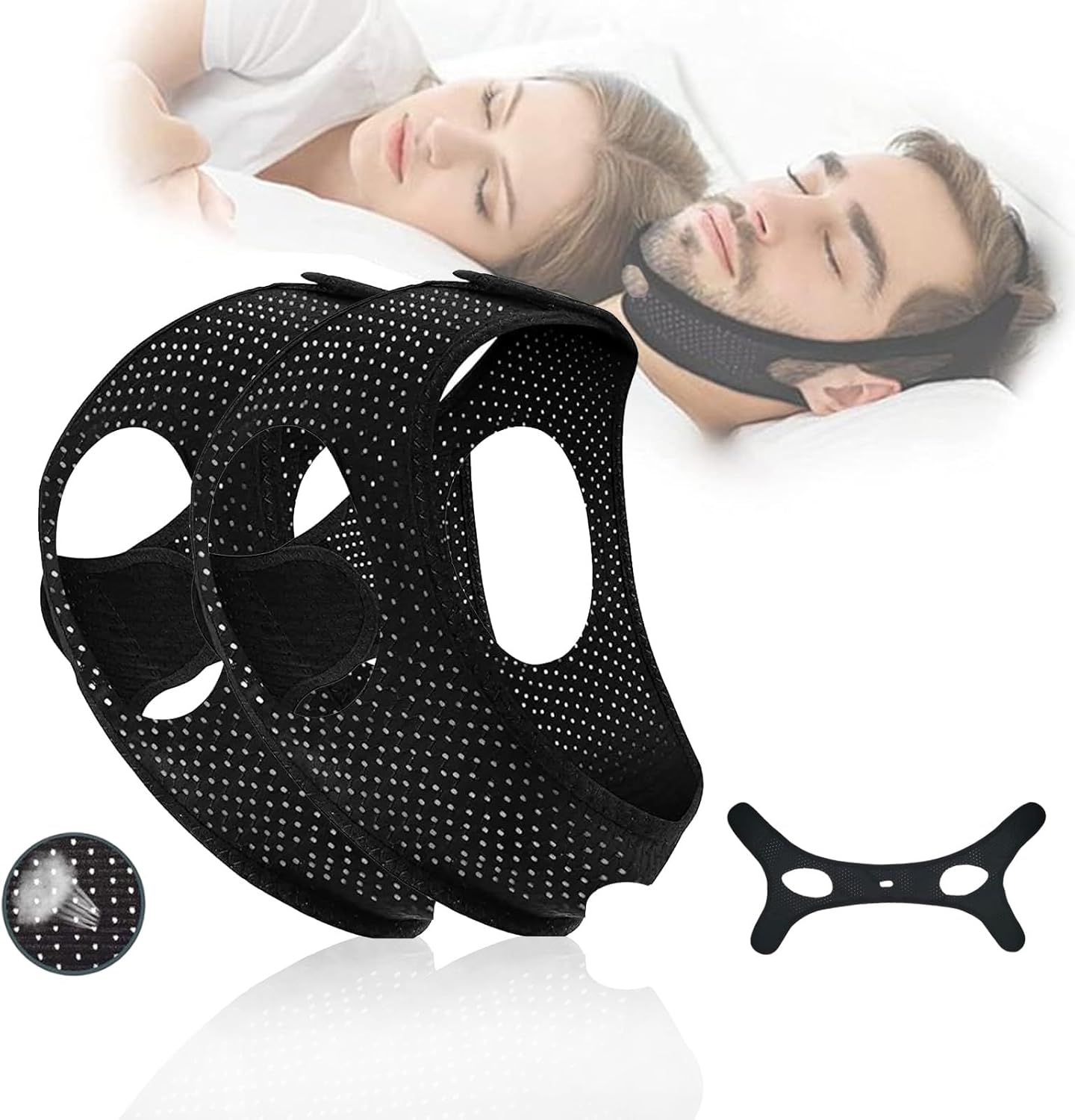 Anti Snore Chin Strap–Black Breathable & Comfortable Chin Strap to Keep Mouth Closed–Adjustable Anti Snoring Device for Sleep Apnea, Snore Stopper for Men & Women（2-Pack）