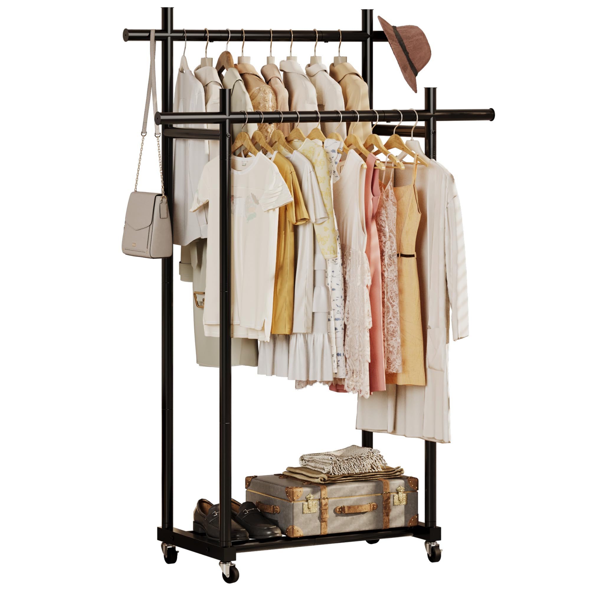 Lutown-Teen Portant à Vêtements en Métal Robuste sur Roulettes, Portant Vetement Solide avec Capacité de Charge de 60 kg, Montage Facile, Double Tringle, Noir