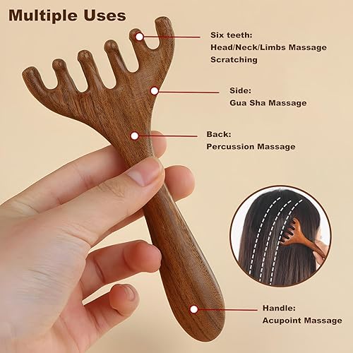 Miniatura 3 de Peine masajeador de madera, 6 garras Meridian Massage Comb masajeador de pies con mango largo para cabeza, espalda, piernas y pies, circulación