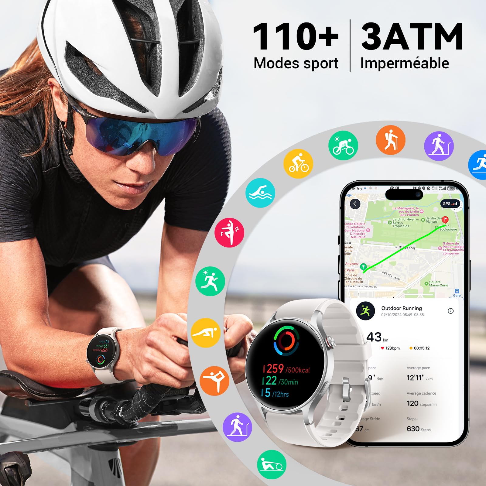 Montre Connectée Femme Homme avec Appel Bluetooth 5.3-1,32" Smartwatch AMOLED pour Android iOS, Montre de Sport Podometre avec 110+ Sports & 3ATM Bracelet Fitness avec Moniteur Sommeil/ SpO2 -Gris
