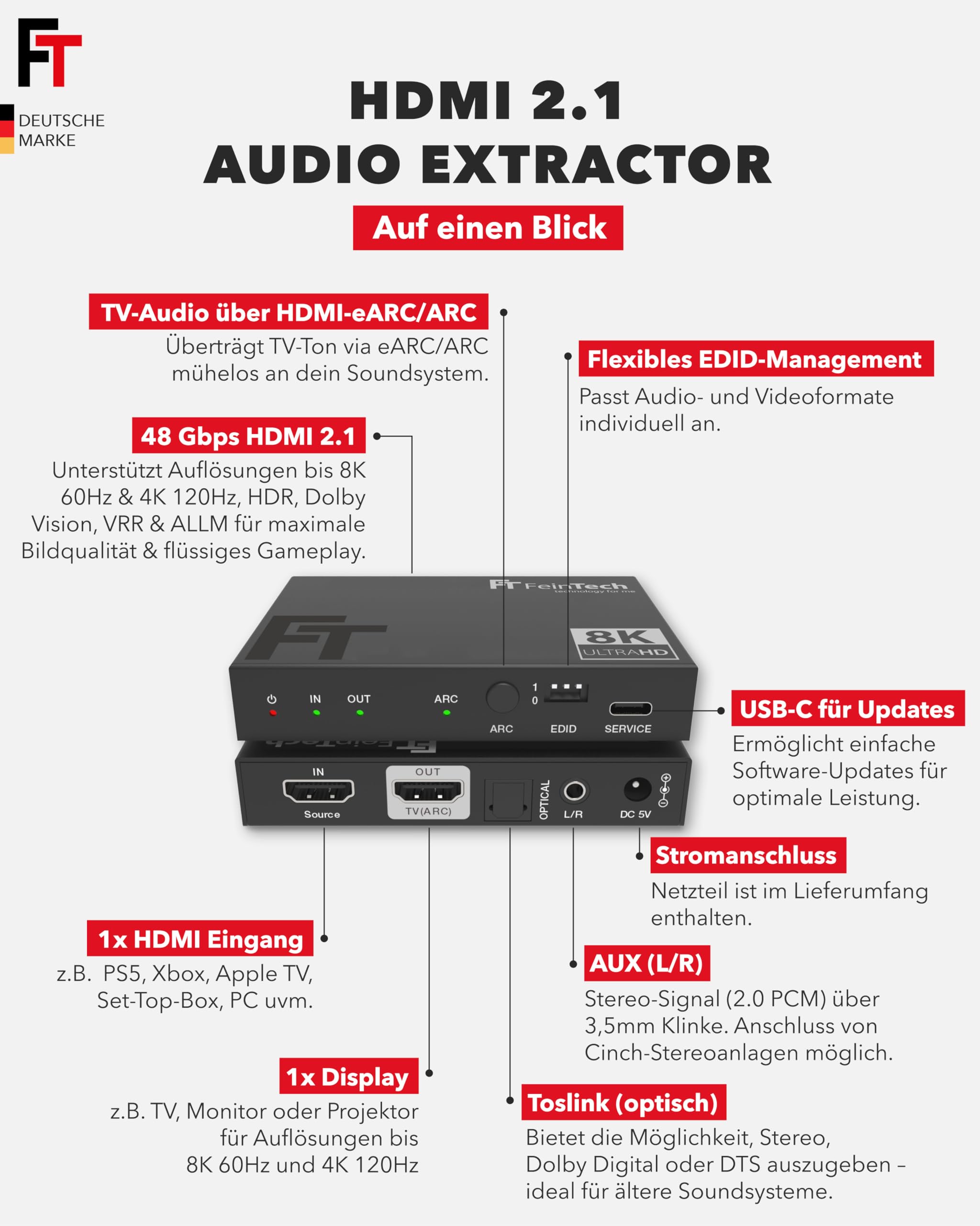 FeinTech AX210 HDMI 2.1 Audio Extractor 4K 120Hz 8K VRR ALLM, HDMI-Out + Audio (Optisch Toslink 5.1 + AUX Stereo), CEC-Pass und ARC Unterstützung von TV zu Soundsystem