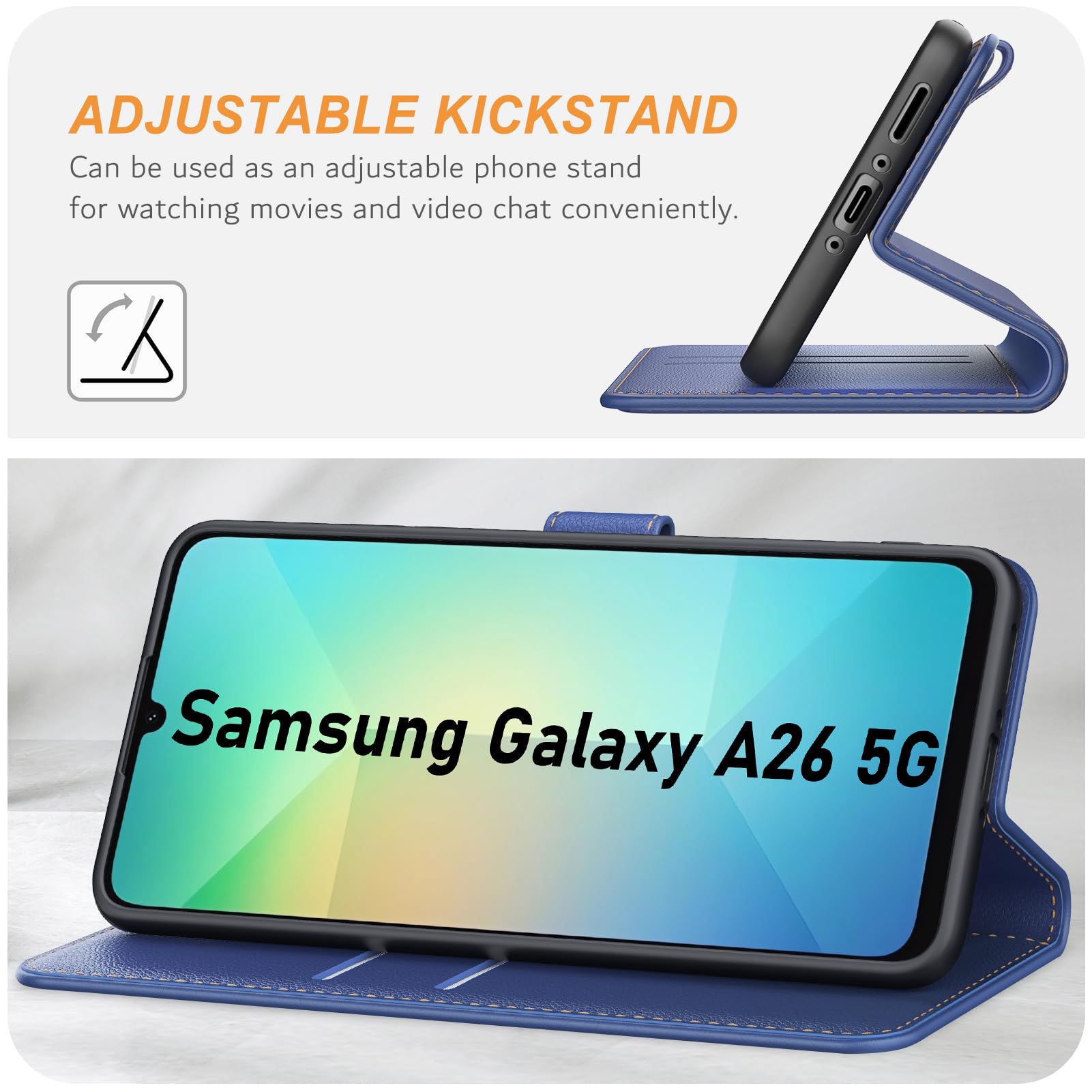 Ganbary etui do Samsung Galaxy A26 5G, wysokiej jakości z klapką ze skóry PU [pełna ochrona] [przegródki na karty] [podpórka], granatowe