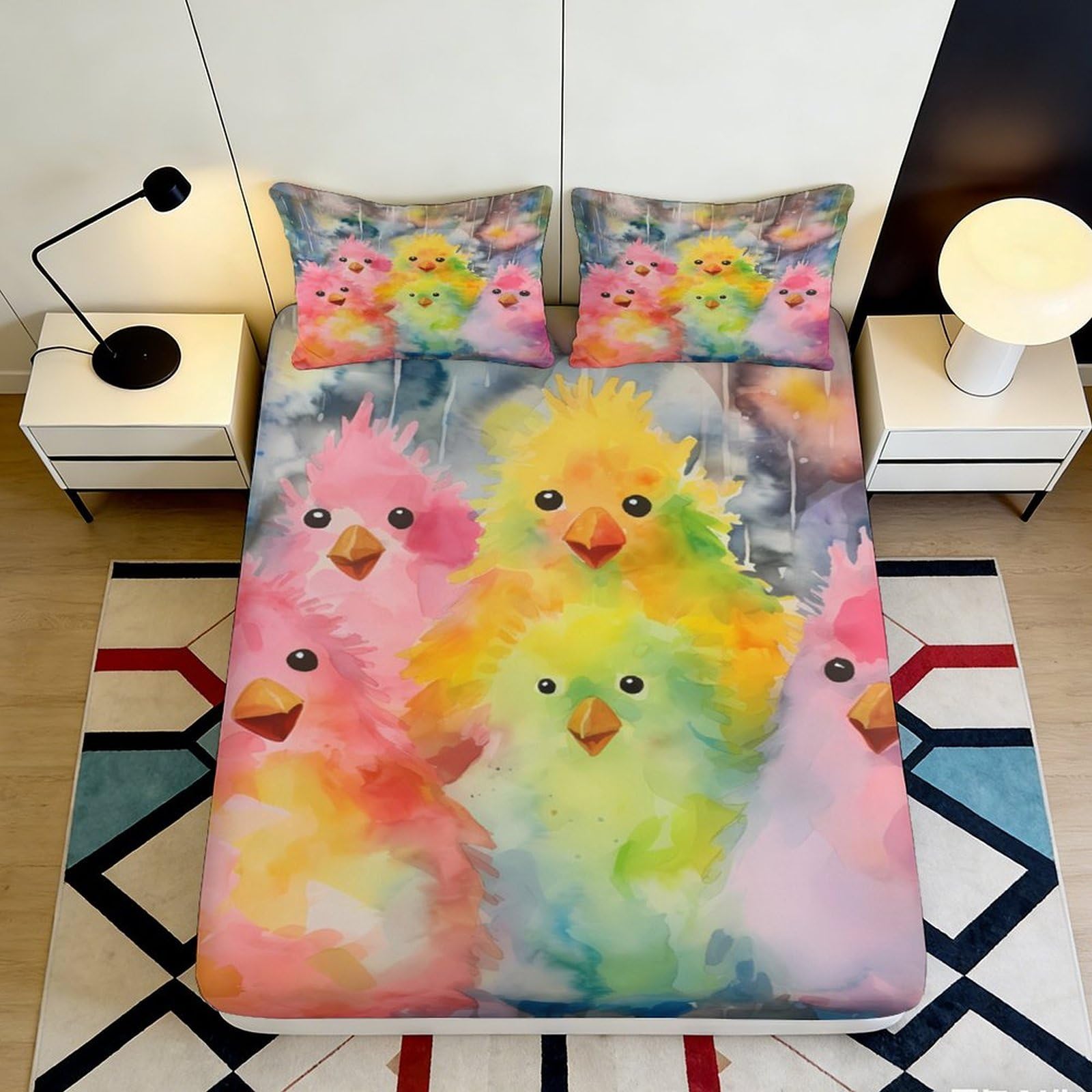3D Printed Colourful Chicks Fitted Sheet Microfiber Deep Pocket Non-Slip Bedroom Bedding Colourful Chick Mattress Fitted Cover for Adults/Teens 180x200x25cm