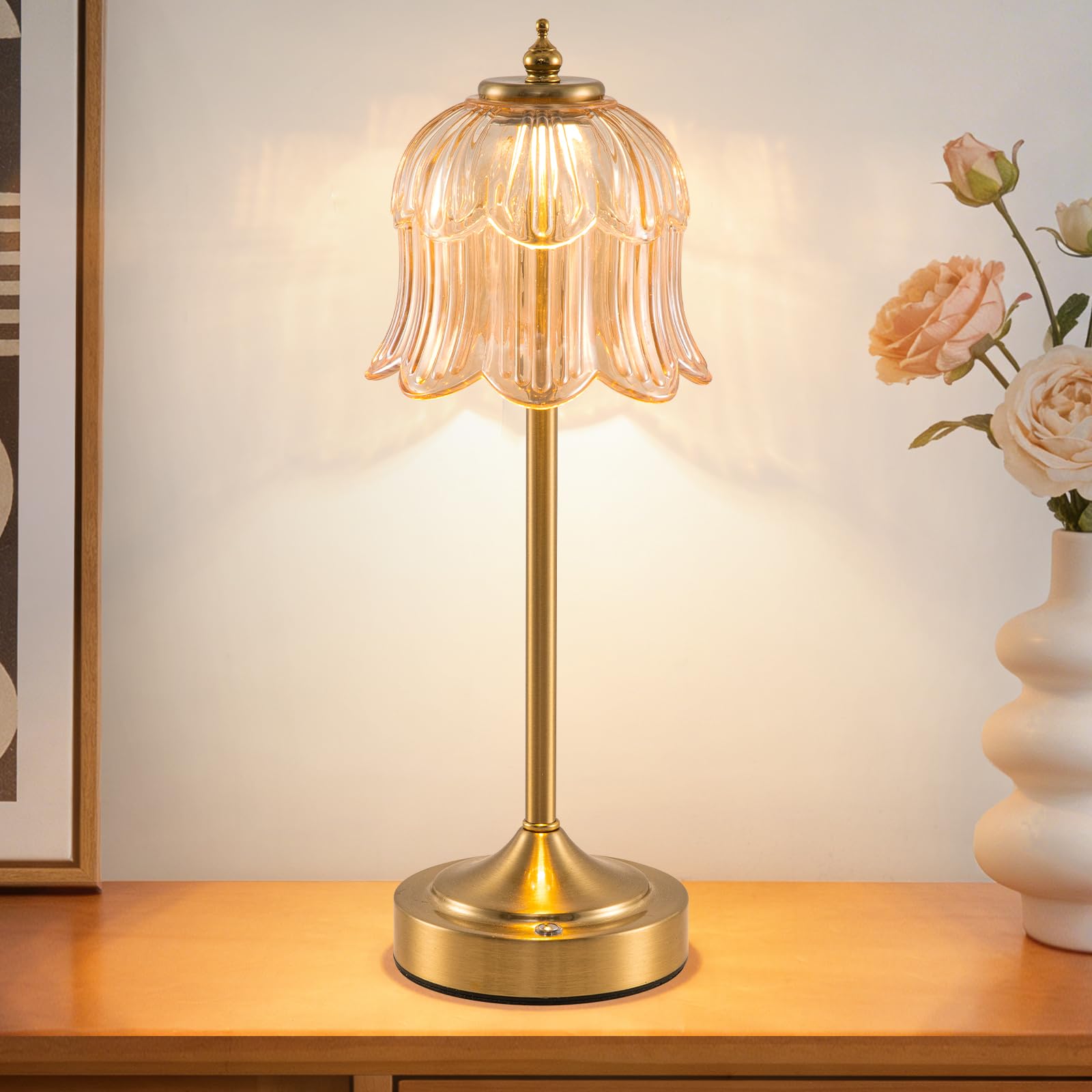 EIDEARAY Rechargeable Table Lamp, Battery Operated Table Lamp, Cordless LED Amber Rose Glass Lamps with Dimmable, Decorative Touch Lamps for Living Room