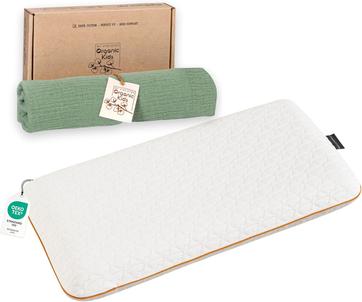 Toddler Pillow Set – Memory Foam Kids Pillow + Muslin Pillowcase, Soft & Breathable, 26x13x2.36 inches, White - Green
