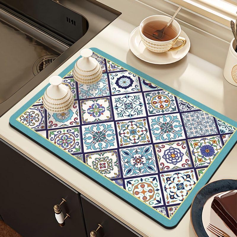 Image of HomeCloud Super Absorbent Dish Drying Mat for Kitchen Counter - Non-Slip, Heat-Resistant Rack Pad - Hides Stains, Ideal 4 Dishes, Coffee Maker, and Kitchen Appliances (SkyBlue Diamond, 50x40 cm)