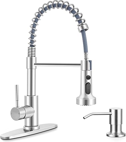 Herogo Grifos de cocina con dispensador de jabón de níquel cepillado, acero inoxidable, grifo de resorte extraíble comercial con rociador extraíble,