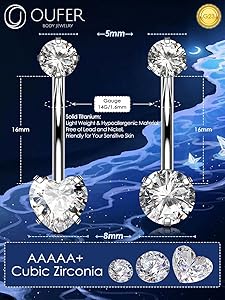 Piercing Ombelico OUFER Acciaio Chirurgico - Cuore Con CZ, 14G 14mm, Argento