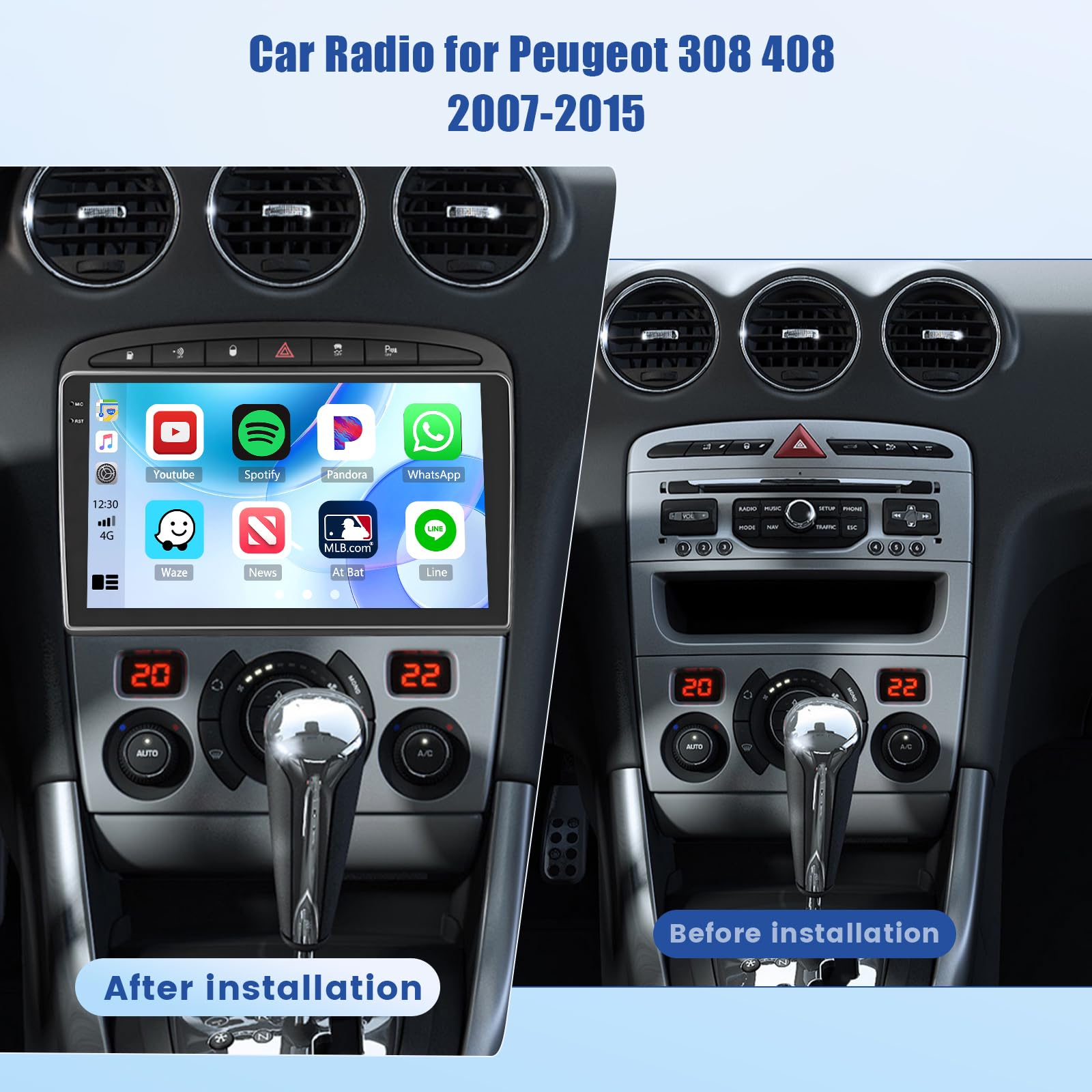 Inefala 4G+128G Android 15 Autoradio für Peugeot 308 408 2007-2015, 9" Touchscreen Radio mit Wireless CarPlay und Android Auto, GPS, WiFi, Bluetooth, RDS, FM, USB, SWC, Mikrofon, Rückfahrkamera