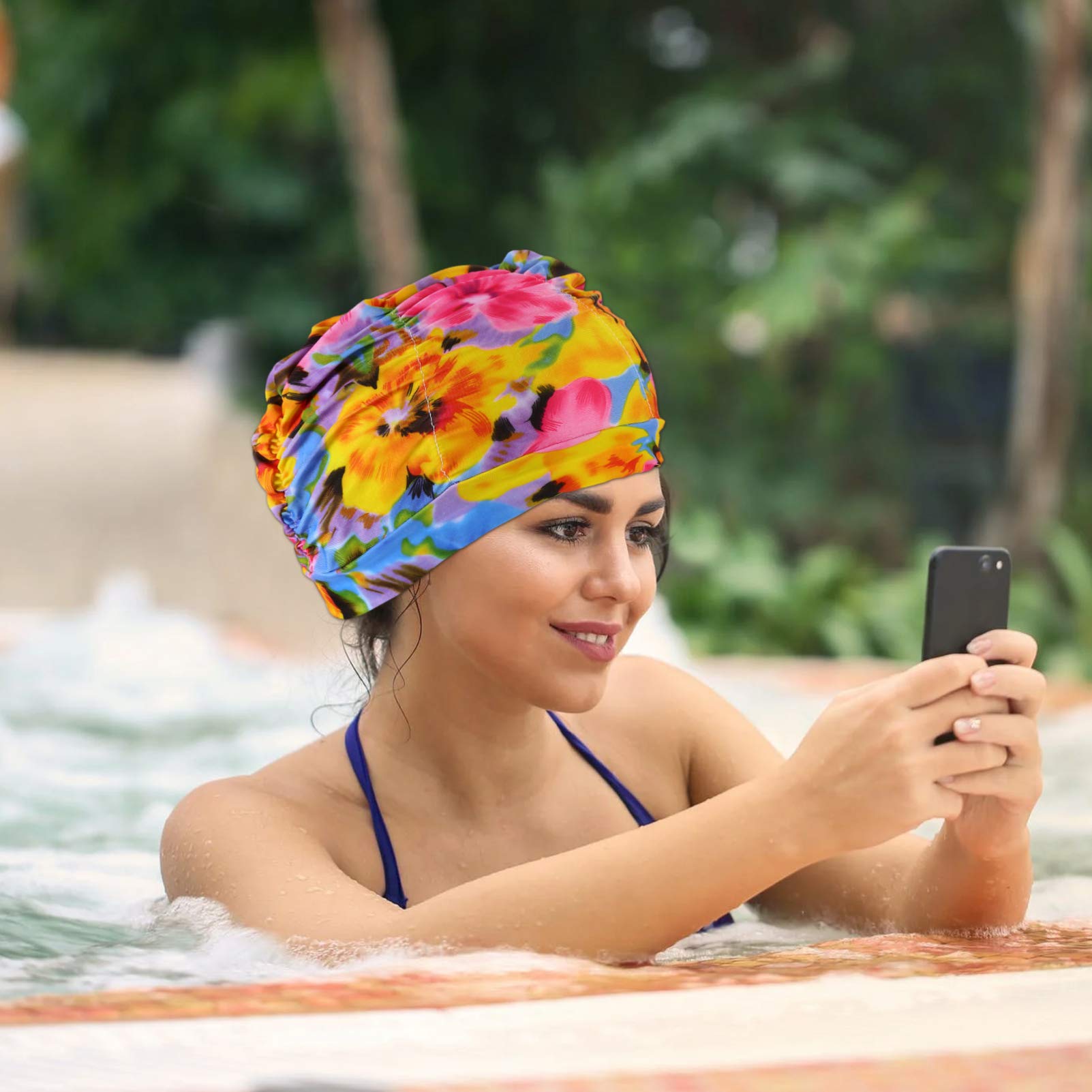 Kisangel Cuffie da Nuoto Elastiche in Nylon Stampa a Pieghe, Impermeabili, Confezione da 6 Pezzi, Colori Assortiti, Protezione per Chioma, per Adulti in Piscina