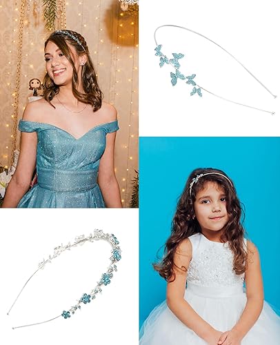 Miniatura 5 de Wecoe Paquete de 4 tocados nupciales de diamantes de imitación azul claro  Diademas de metal con hojas de mariposa de cristal para mujeres, niñas,