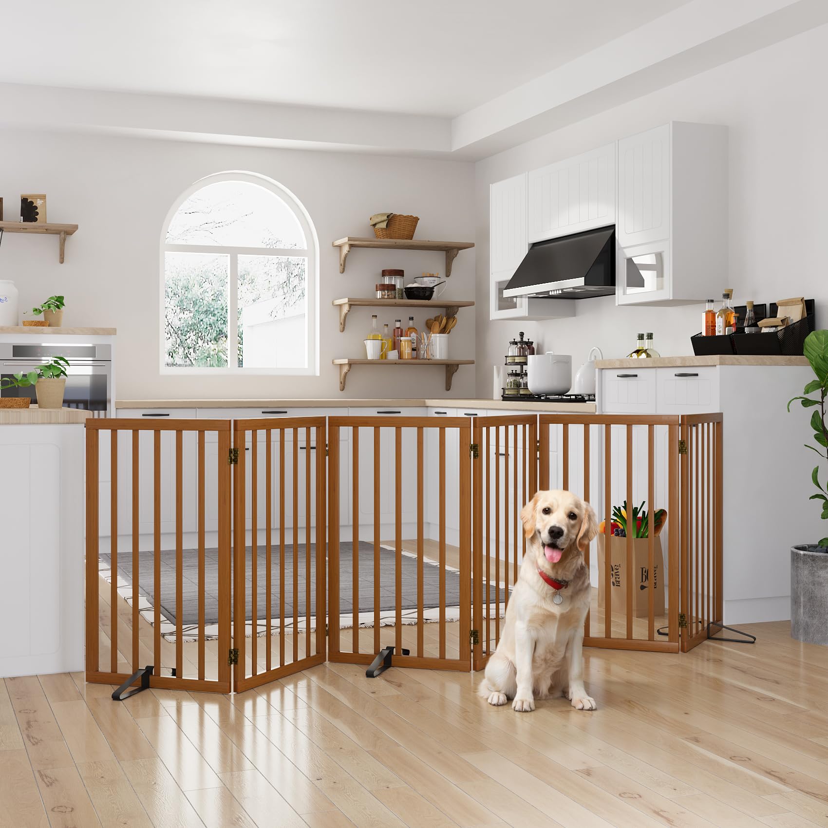 Semiocthome Bamboo Freestanding Dog Gates for Doorways, 2-Panel Indoor Puppy Gates for The House with 2 Metal Stands, 60cm(H) Folding Pet Gate for Stairs Expands Up to 94cm(W) Walnut — view 29