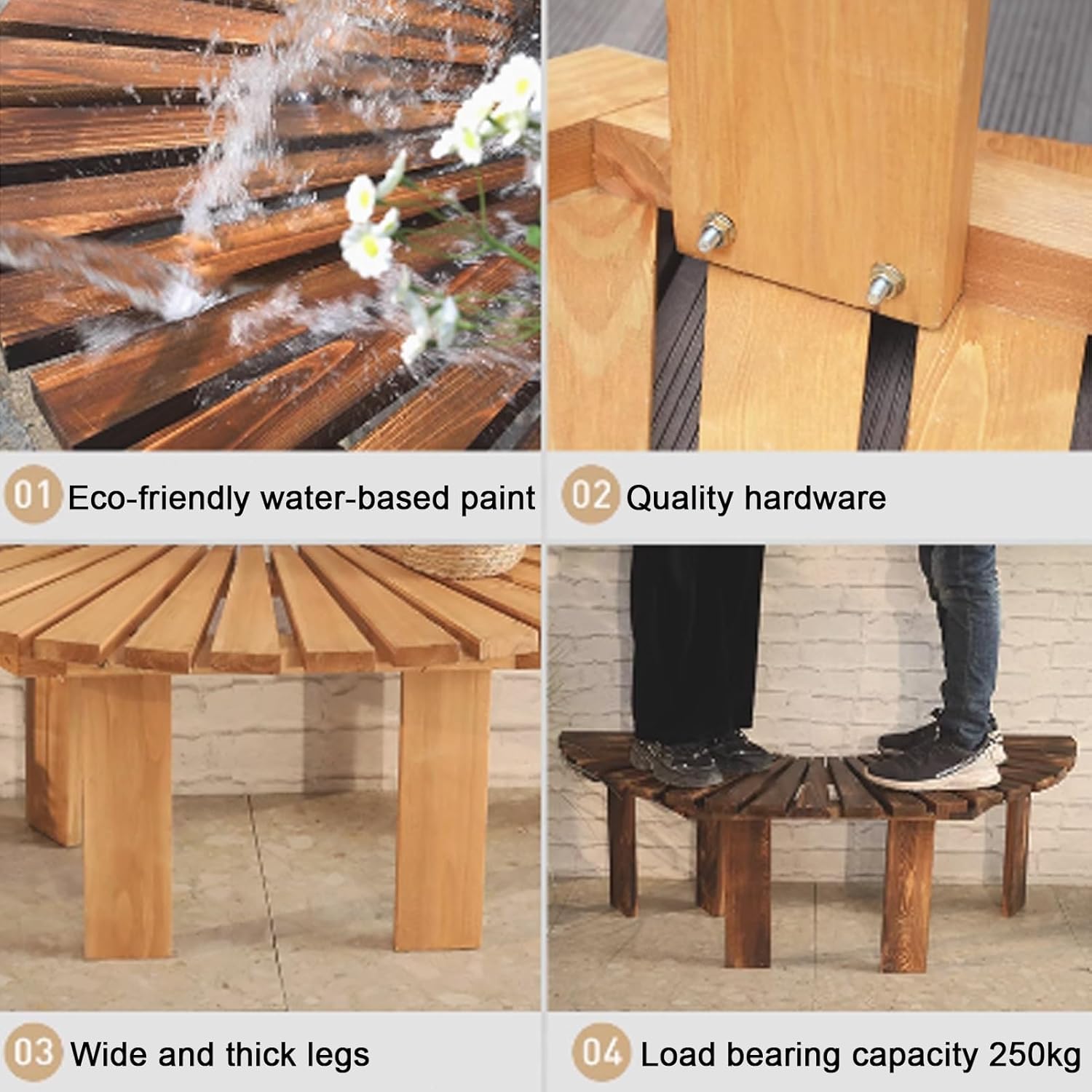 YVYKFZD Outdoor Garden Bench, Wooden Curved Patio Park Bench, Wrap Around Loveseat Porch Benches, Weatherproof Leisure Chair Slatted Seat, Diameter 120cm(Wood Color,Half Round)