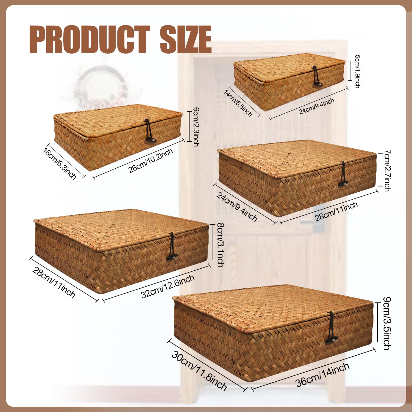 SENONAPO 5 Pcs Seagrass Basket with Lid 5 Sizes Decorative Storage Boxes Rattan Wicker Storage Basket with Lids Woven Organizer Baskets Multipurpose Flat Storage Bins for Shelf Closet Bedroom (Brown)