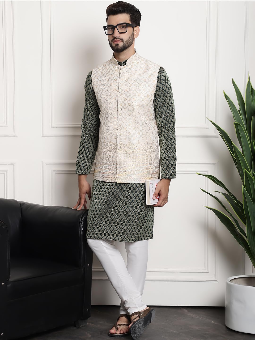 Sojanya (Since 1958 Men's Jacquard Silk Dgreen Kurta And Off-White Pyjama With Cream Nehru Jacket