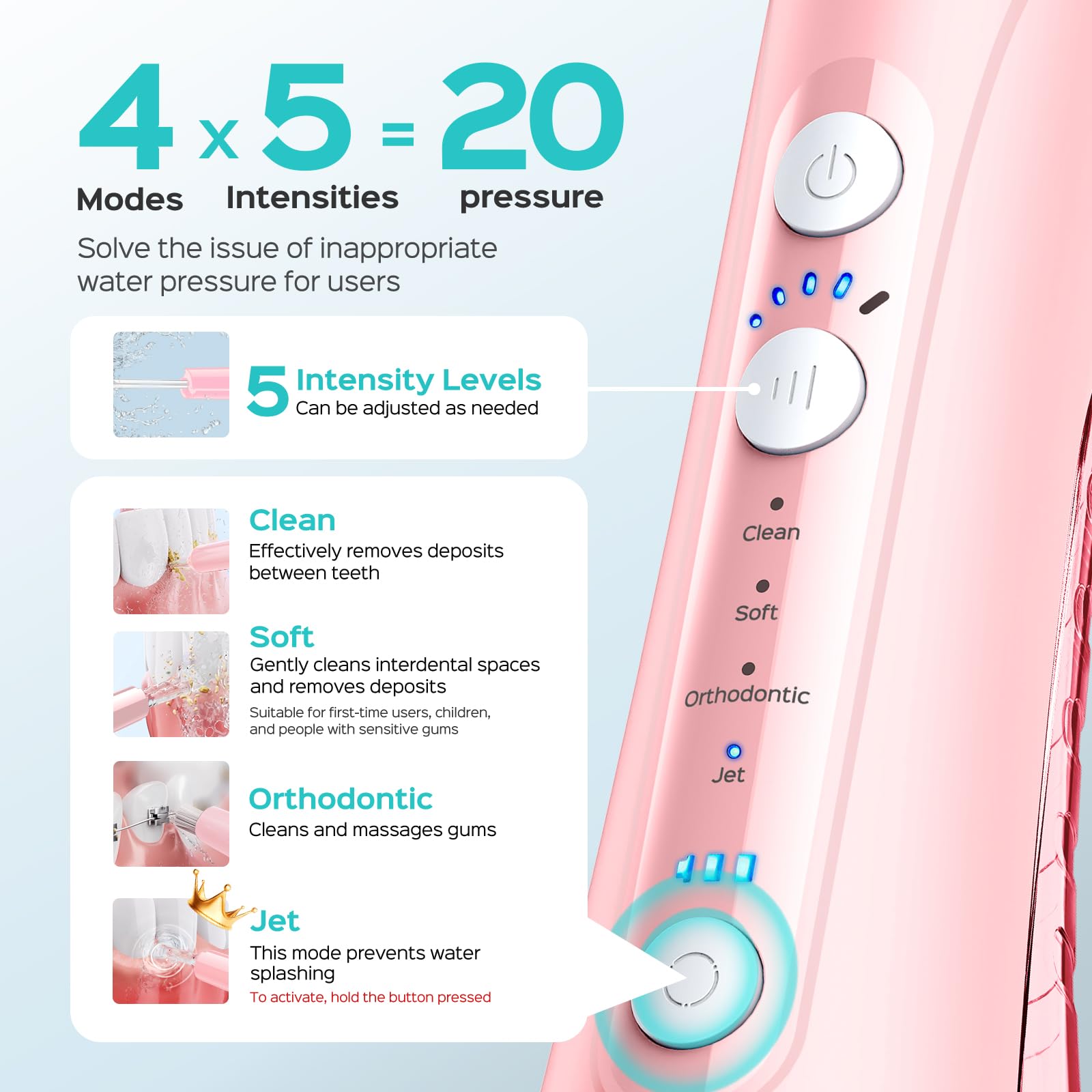 COSLUS ADA Water Flosser - 4 Modes, Pink -4 COSLUS ADA Water Flosser - 4 Modes, Pink -4