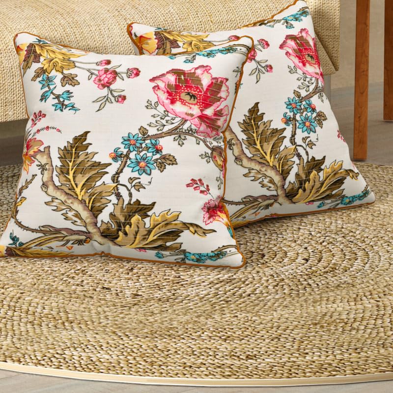 Image of Pure Cotton Quilted Cushion Cover 16x16 Inch | Anokhi Print Decorative Throw Pillow Cover | Soft Cotton Sofa Cushion Cover with Hidden Zipper | Living Room Bedroom Home Decor