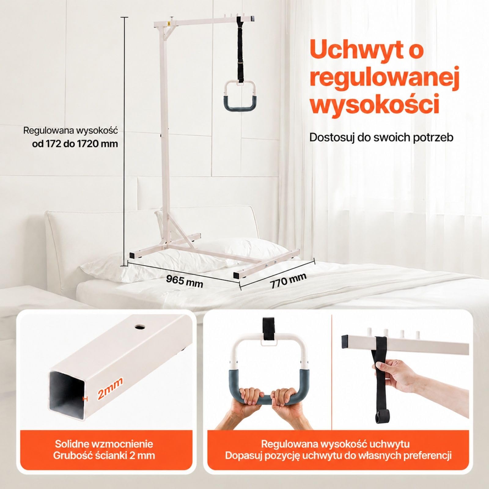 Wolnostojący uchwyt przyłóżkowy z rączką trapezową, rama ze stali Q195 z powłoką proszkową, regulowana wysokość uchwytu