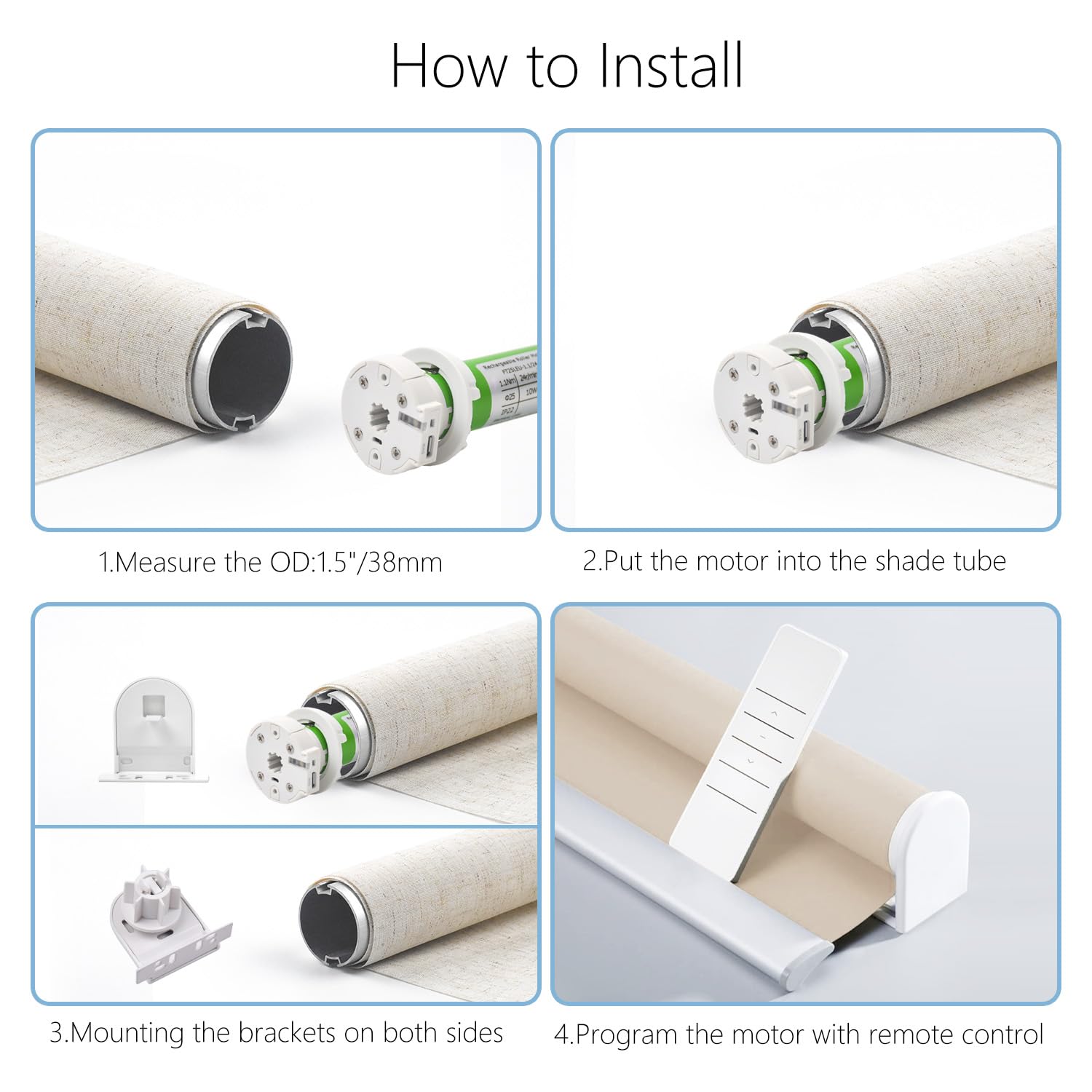 Four-step visual guide for installing the AUDEEKON Roller Tubular Motor into a shade tube and mounting it.