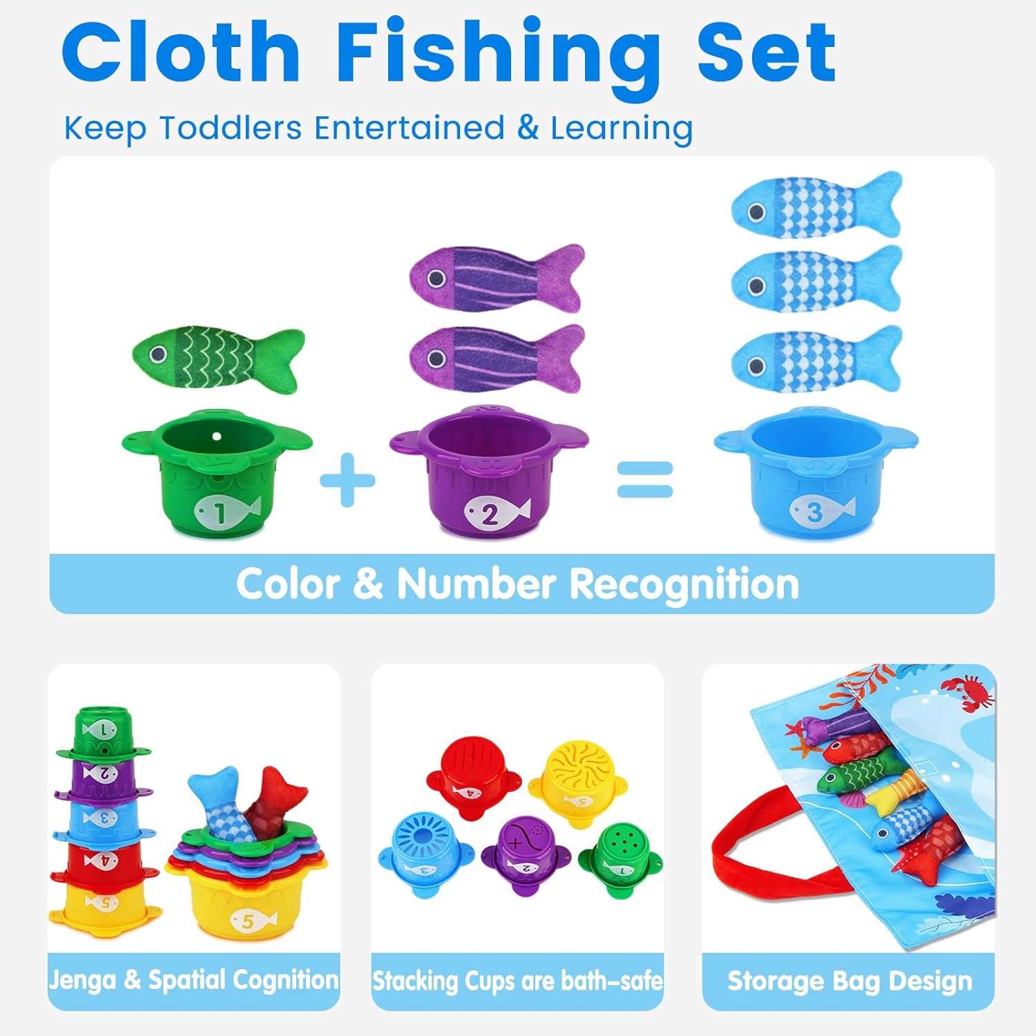 Montessori Toys for 1 Year Old Boy Girl - Toddler Toys Cloth Fishing Game with Stacking Cups - Sorting Learning Baby Toy 12-18 Months One Year Old Boys Girls First Birthday Gifts for 1 2 Year Old