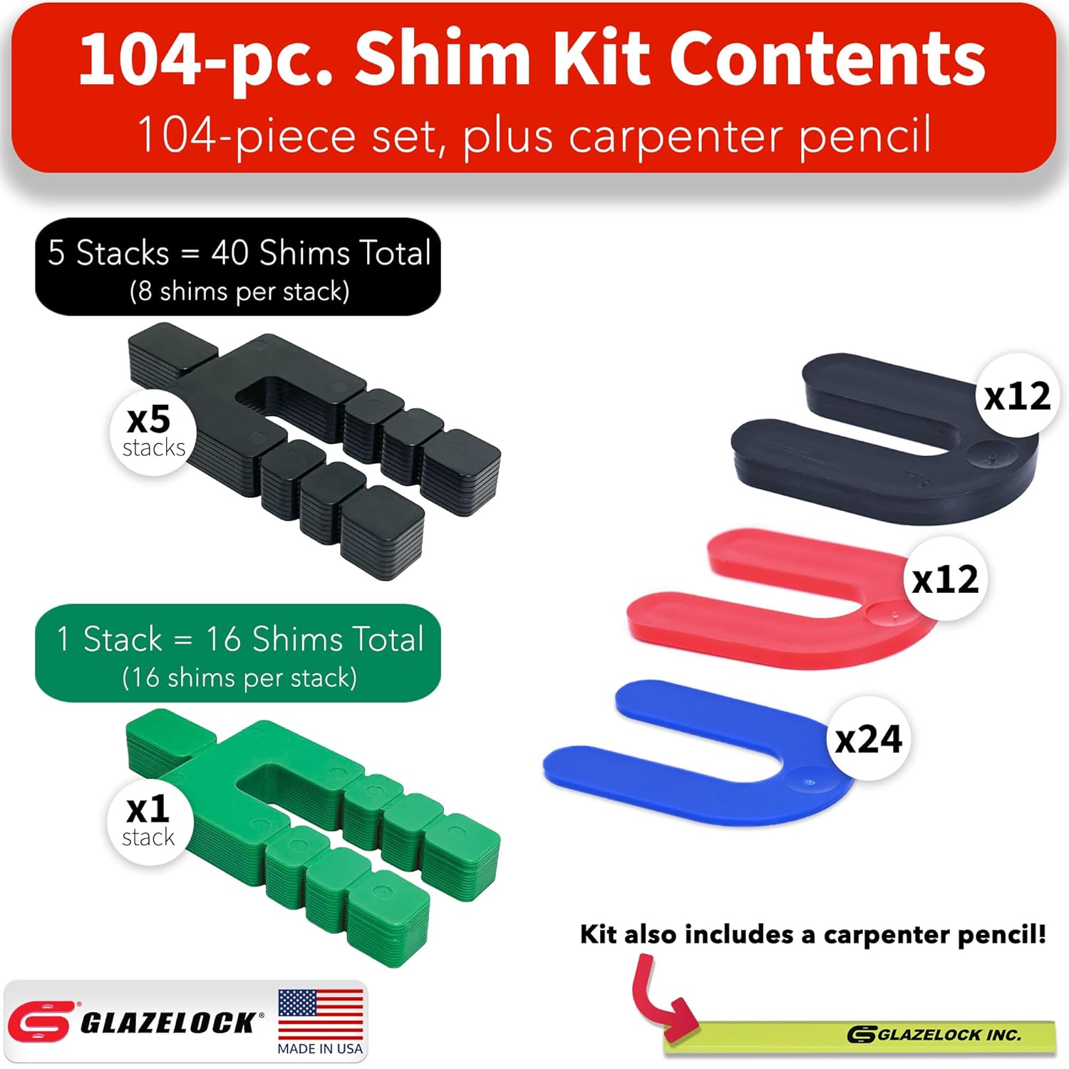 104-Piece Kit Plastic Horseshoe Shims for Leveling (1/4” to 1/32” Sizes) Stacking U Shape Tile Spacers to Level Windows, Floors, Toilet Shims, Doors – Indoor Outdoor Use - Made in USA