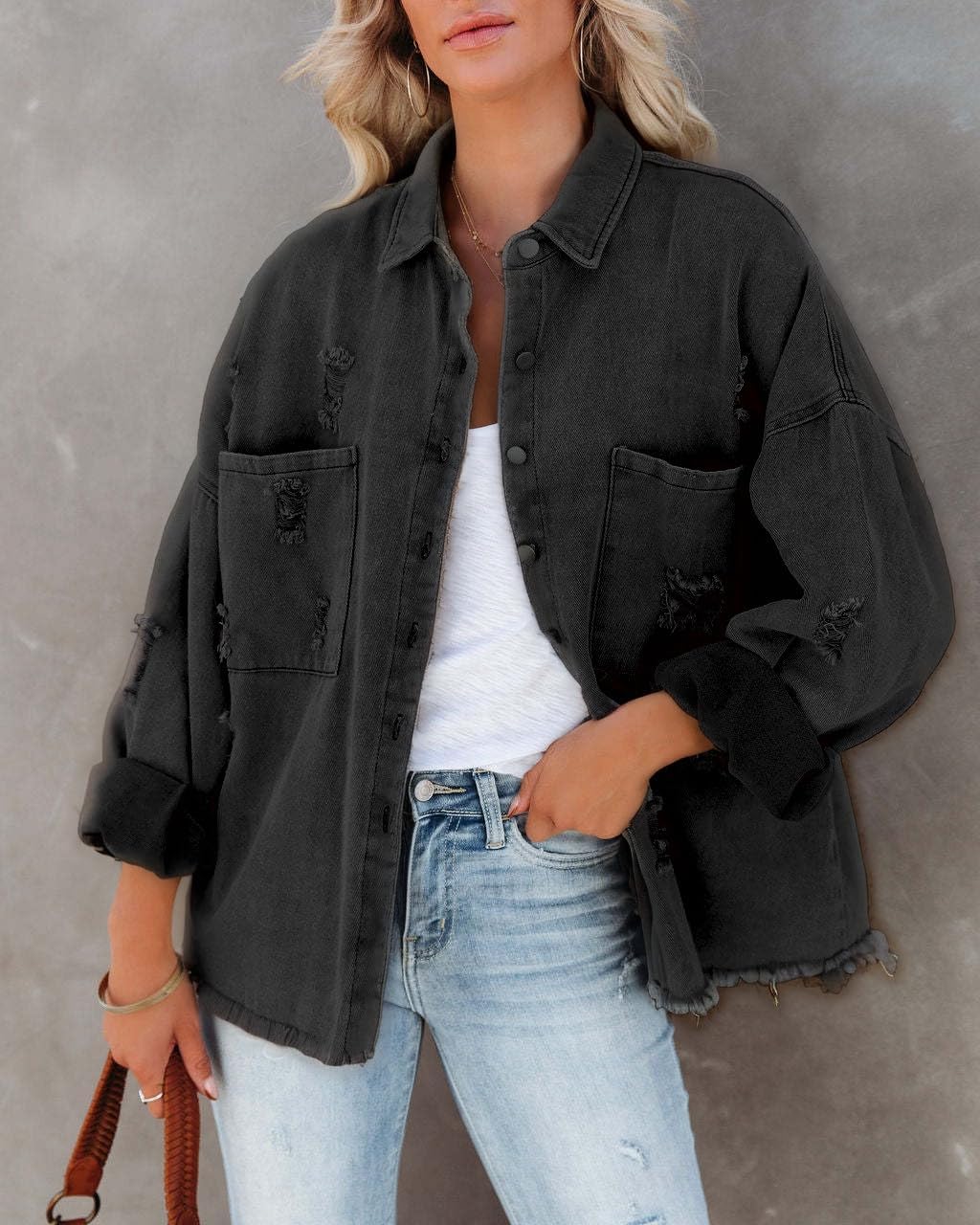 HipGlamp Women's Jean Jacket Classic Basic Button Down Long Sleeves Casual with Pockets - Image 2