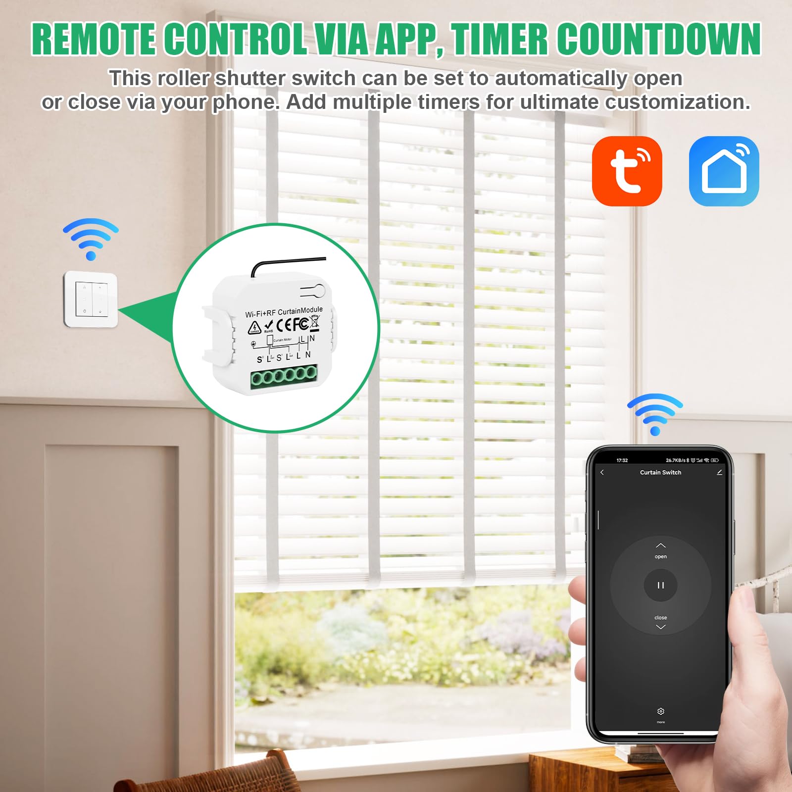 Interruttore per tapparelle Alexa con 1 telecomando RF, modulo interruttore per tapparelle WiFi con app Tuya, controllo intelligente per tapparelle compatibile con Alexa Google per tende, veneziane